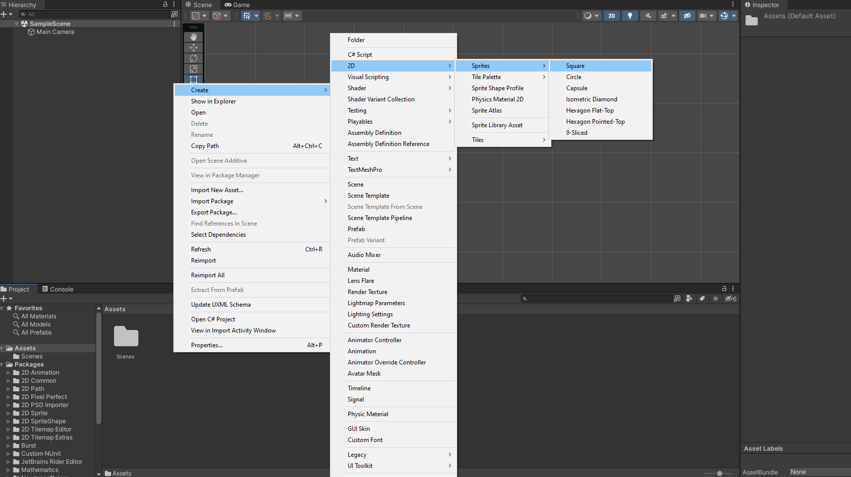 Ilustracja przedstawia cztery listy. Kolejno wybrano: z pierwszej Create, z drugiej 2D, z kolejnej Sprites i kolejno Square. 