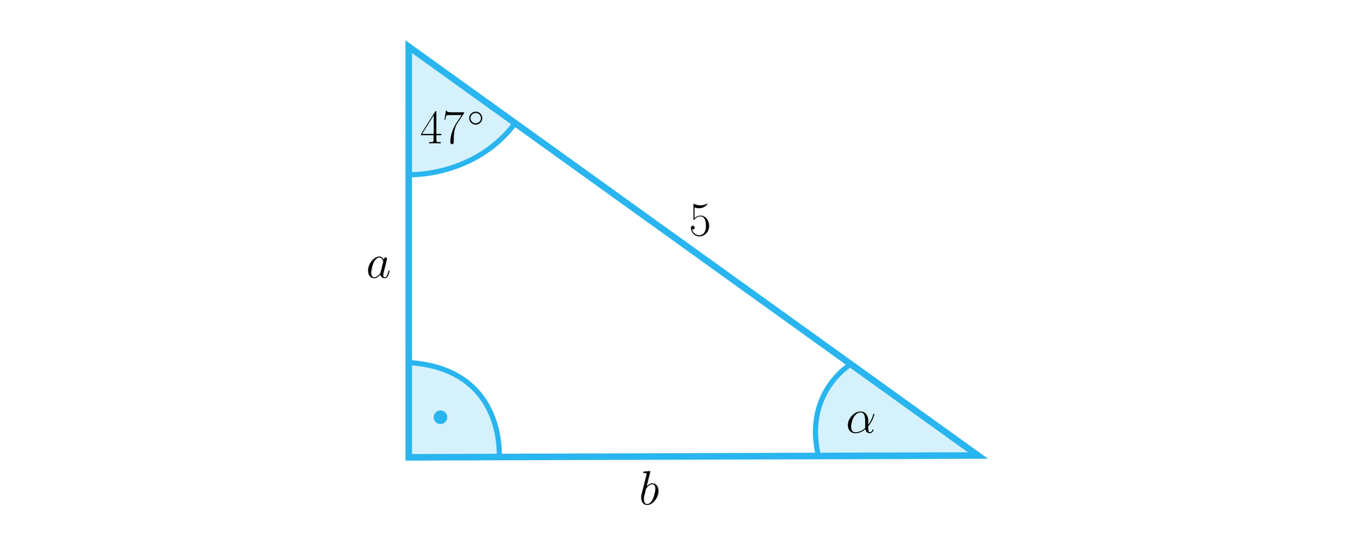 Na ilustracji przedstawiono trójkąt prostokątny. Długości przyprostokątnych oznaczono a i b, natomiast długość przeciwprostokątnej wynosi pięć. Zaznaczono kąt alfa naprzeciw przyprostokątnej o długości a oraz kąt 47 stopni naprzeciw przyprostokątnej o długości b.