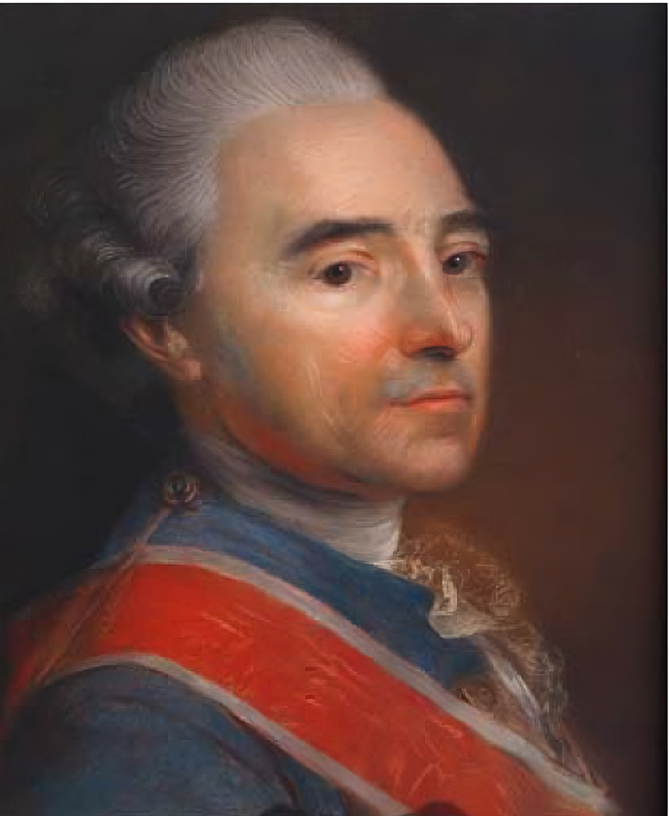 Kliknij, aby powiększyć Ilustracja przedstawia portret dyplomaty Feliksa Łojko w stroju francuskim. Przez prawe ramię ma on przewieszoną wstęgę orderu św. Stanisława. Na głowie nosi francuską perukę. Spod kaftana wystaje mu koronkowy żabot koszuli.