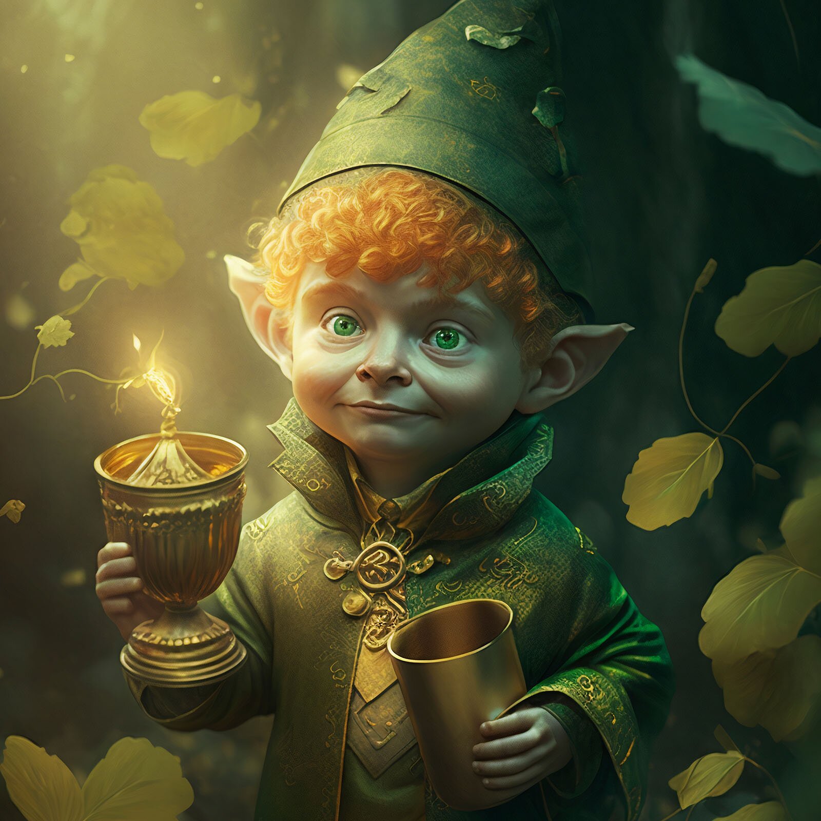 Ilustracja przedstawia elfa w zielonym ubraniu z rudymi włosami. Trzyma on w dłoni palący się lampion. 