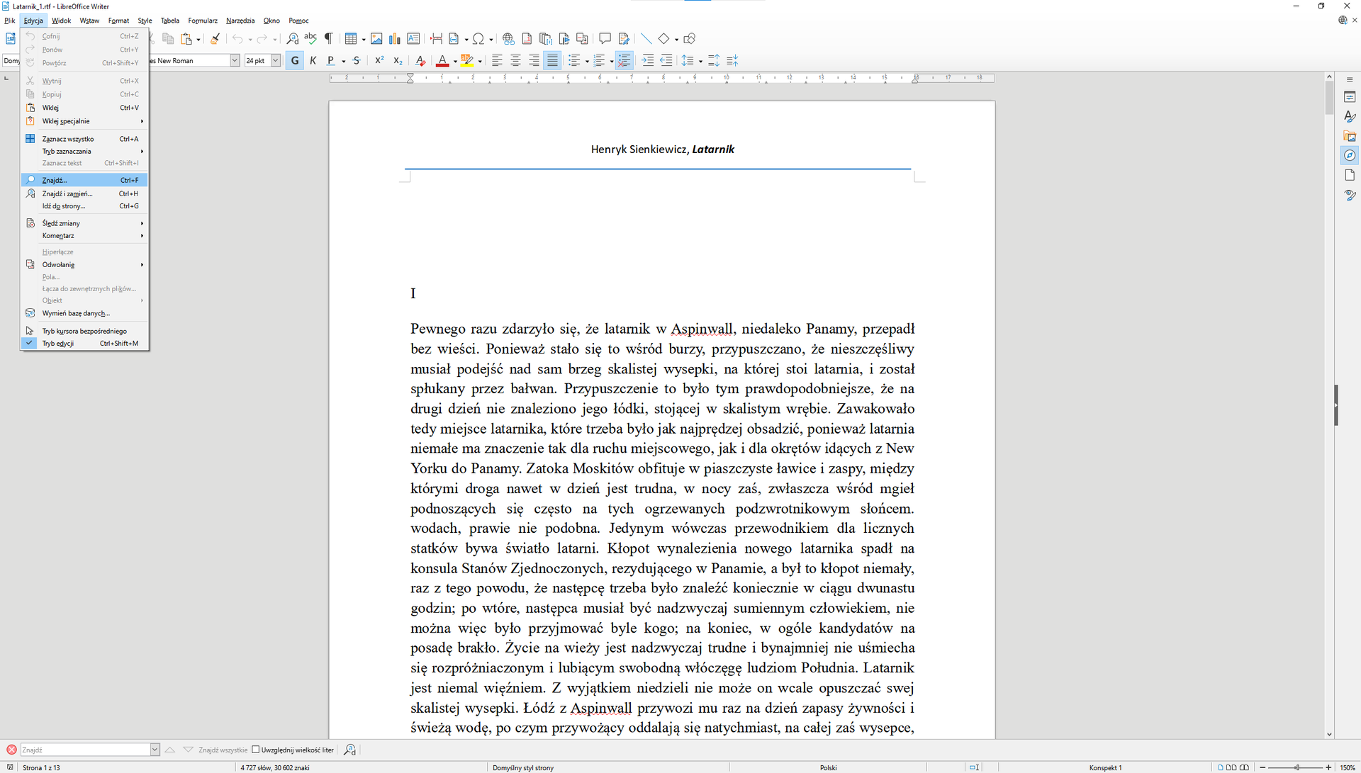 Zrzut okna programu LibreOffice Writer na którym zaznaczone jest pole "Znajdź". Można je znaleźć wchodząc w zakładkę "Edycja".