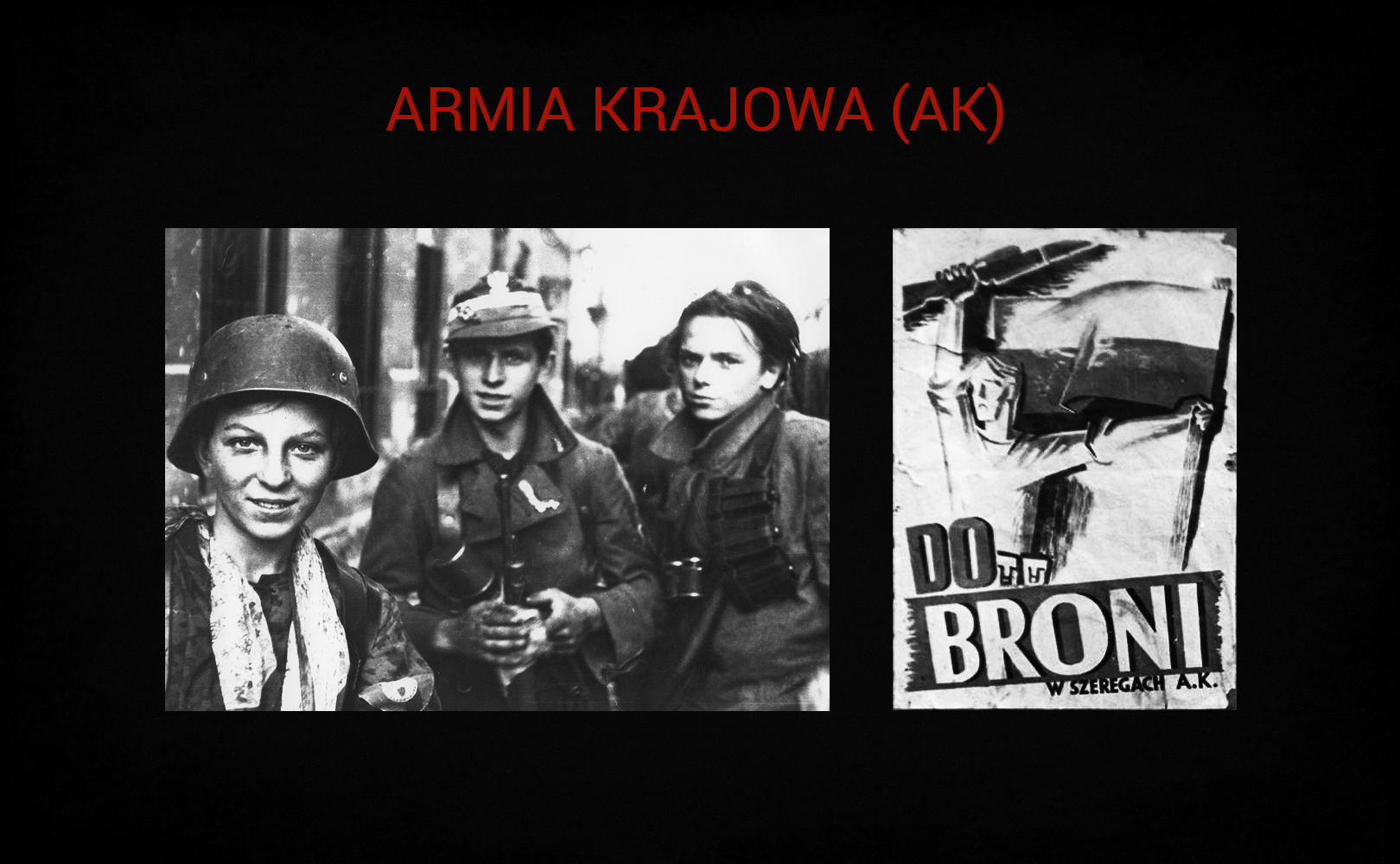 Plansza o nazwie „Armia Krajowa (AK)” przedstawia dwie fotografie. Po lewej stronie planszy są zdjęcia trzech żołnierzy zgrupowania „Radosław”, którzy walczyli w trakcie powstania warszawskiego. Po lewej stronie zdjęcia jest ukazana ubrana w niemiecki hełm dziewczyna z płóciennym szalikiem na szyi. Ma brudną twarz, ale jest uśmiechnięta. Obok stoją jej dwaj koledzy. Trzymają w dłoniach broń. Są ubrani w wojskowe płaszcze. Po prawej stronie planszy jest widoczny plakat „Do broni w szeregach AK”. Na plakacie znajduje się nad napisem informacyjnym sylwetka mężczyzny z karabinem w prawej dłoni i polską flagą w lewej dłoni.