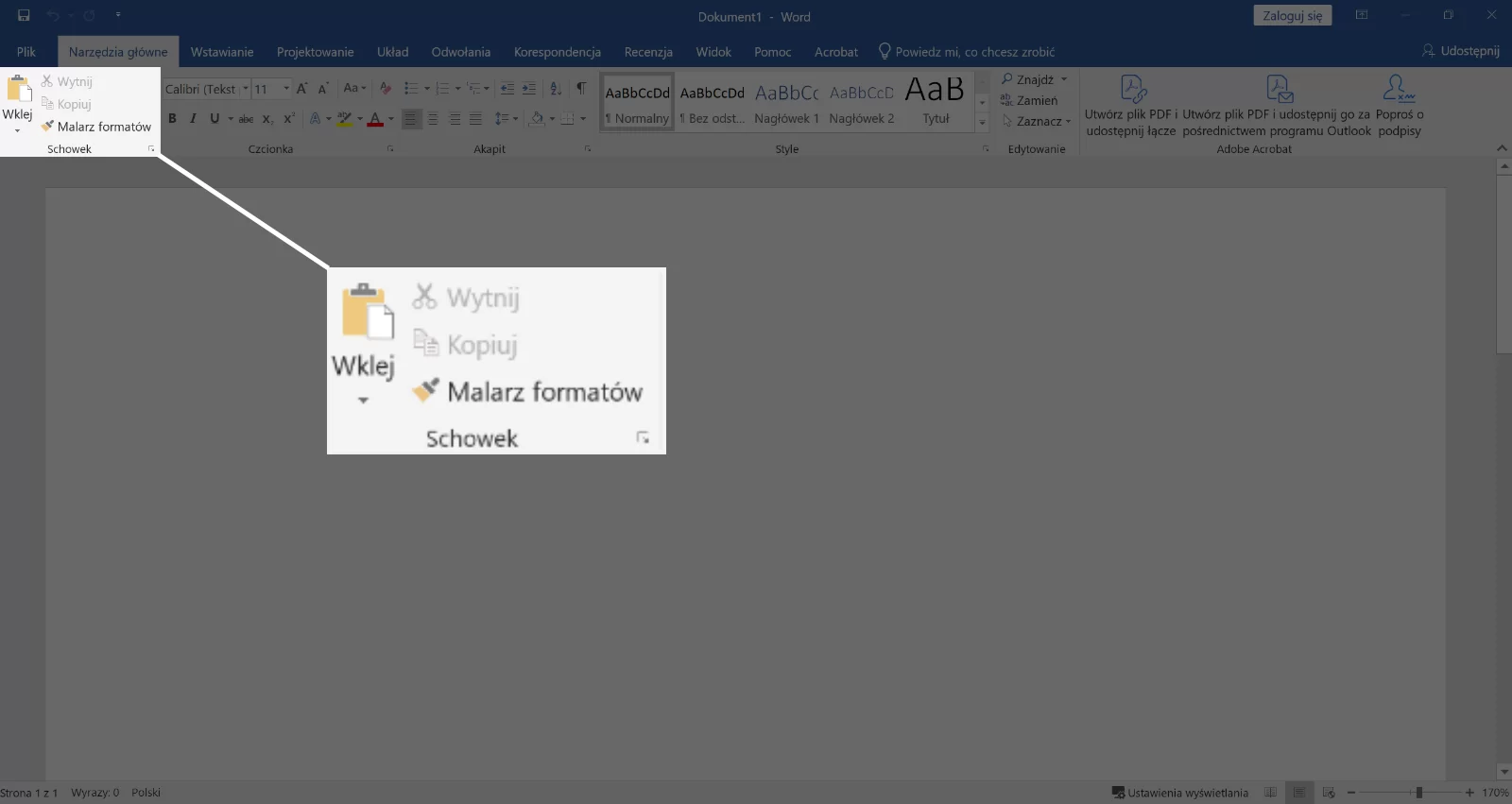 Zrzut okna programu Microsoft Word  z zaznaczonymi elementami wycinania - nożyczek, kopiowania - dwie nałożone nieregularnie na siebie kartki papieru, wklejania - kartki papieru nałożonej na podkładkę z klipsem przeznaczoną do trzymania kartek papieru.