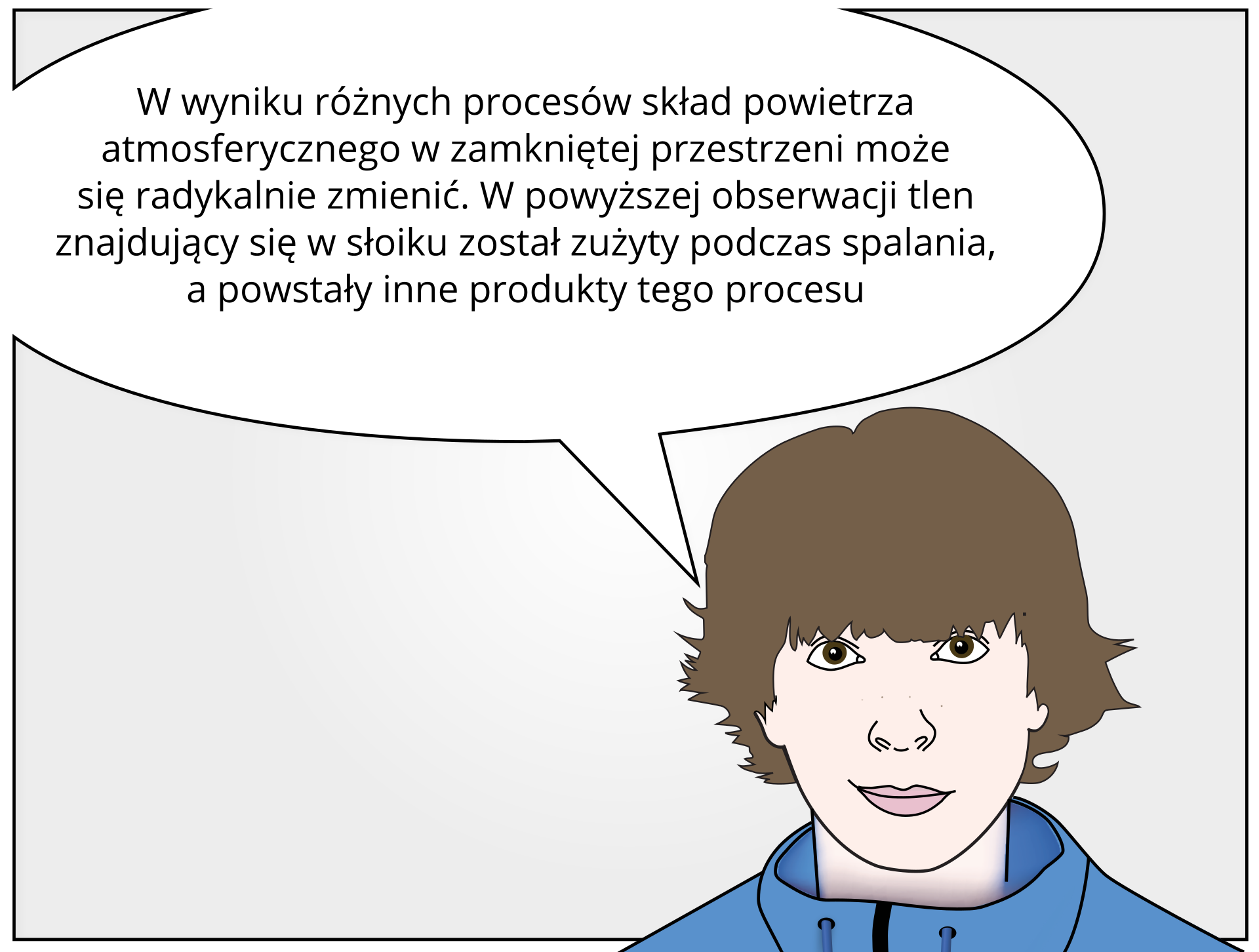 Na ostatniej grafice znajduje się głowa chłopca i odchodzący od niej dymek. W dymku napis: "W wyniku różnych procesów skład powietrza atmosferycznego w zamkniętej przestrzeni może się radykalnie zmienić. W powyższej obserwacji tlen znajdujący się w słoiku został zużyty podczas spalania, a powstały inne produkty tego procesu."