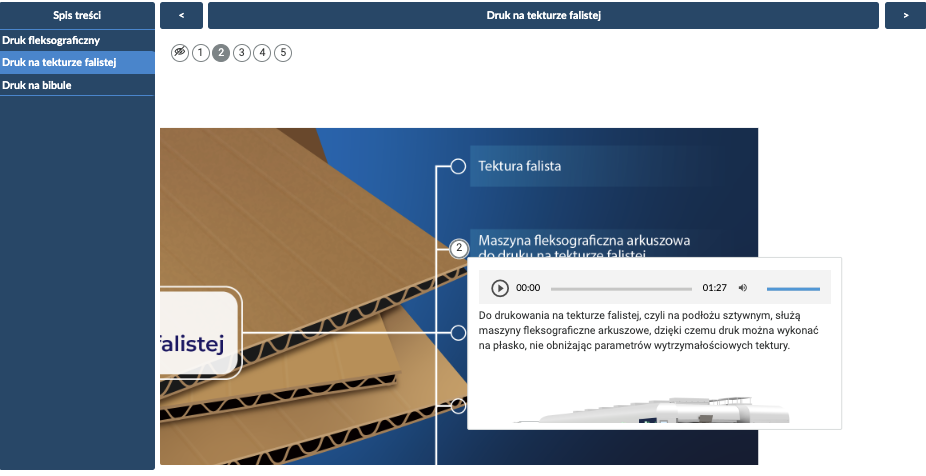 Widok opisu i audio na planszy interaktywnej Podstawowe zagadnienia związane z drukiem fleksograficznym na tekturze falistej i bibule. Po lewej stronie widoczne jest menu, pośrodku widoczny jest panel główny, z opisem i plikiem dźwiękowym.