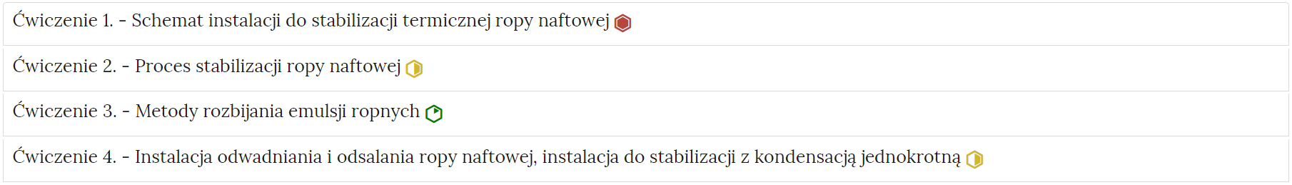 Zdjęcie przedstawia przykładowy wygląd zakładek zawierających interaktywne materiały sprawdzające. Składają się one z prostokątnych paneli umieszczonych jeden pod drugim. Każdy panel posiada numer oraz tytuł, który nawiązuje do zawartego w nim zadania.