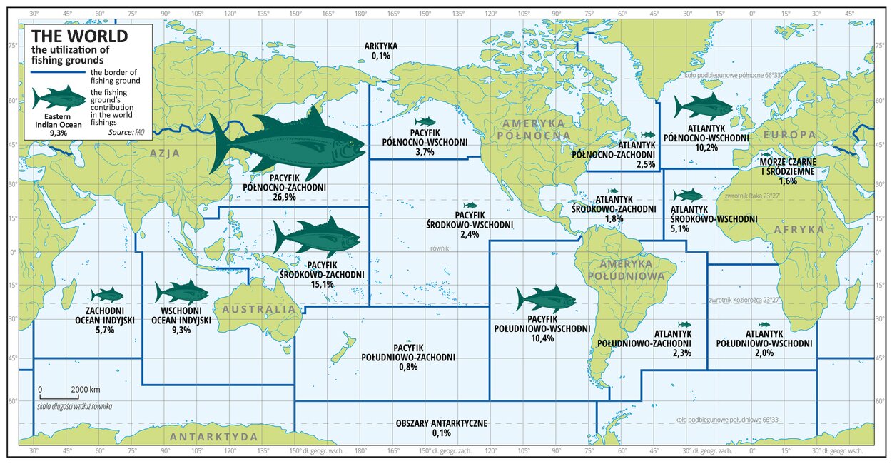 Ilustracja przedstawia mapę świata. Na mapie oznaczono wody. Opisano kontynenty.Na mapie za pomocą  linii przedstawiono granice łowisk. Na obszarze Oceanu Spokojnego i Atlantyckiego wydzielono po sześć łowisk, na obszarze Oceanu Indyjskiego – dwa łowiska. Za pomocą sygnatur ryb o zróżnicowanej wielkości przedstawiono udział danego łowiska w połowach światowych. Opisano wartości liczbowe w procentach. Największa sygnatura znajduje się na terenie łowiska Pacyfiku Północno-Zachodniego – dwadzieścia sześć procent udziału łowiska w połowach światowych. Mapa pokryta jest równoleżnikami i południkami. Dookoła mapy w ramce opisano współrzędne geograficzne co piętnaście stopni. Na górze w legendzie mapy objaśniono znaki użyte na mapie. 
Największe łowiska to Pacyfik północno - zachodni 26,9%. Pacyfik środkowo - zachodni 15,1%. Pacyfik południowo - wschodni 10,4 % udziału w rynku światowym.
