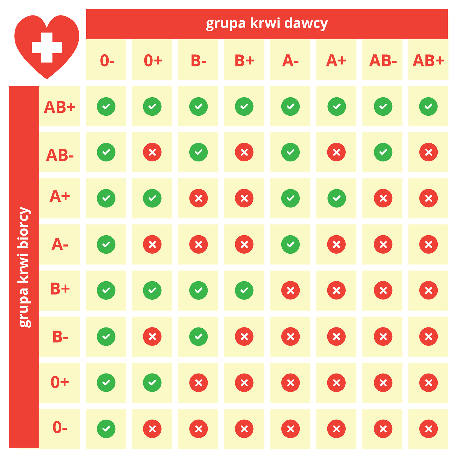 Ilustracja przedstawia tabelę zgodności grup krwi. Tabela ta jest przydatna do ustalenia możliwego dawcy krwi dla osoby potrzebującej transfuzji. U góry wypisano grupy krwi dawcy, z boku grupy krwi biorcy. Ptaszki w zielonym polu na przecięciu kolumny i rzędu oznaczają możliwość transfuzji. Grupa krwi zero minus może być dawcą dla wszystkich typów grup krwi. Grupa krwi zero plus może być dawcą dla grup krwi z plusem. Gruba B minus może być dawcą dla AB plus i AB minus, B plus i B minus. Gruba krwi B plus może być dawcą dla AB plus i B plus. Grupa A minus może być dawcą dla AB plus, AB minus, A plus, A minus. Grupa A plus może być dawcą dla AB plus i A plus. Grupa AB minus może być dawcą dla AB plus i AB minus. Grupa AB plus może być dawcą tylko dla AB plus. Grupa AB plus może być biorcą wszystkich krwi. Grupa AB minus może być biorcą ujemnych grup krwi. Grupa A plus może być biorcą zero minus, zero plus, A minus i A plus. Grupa A minus może być biorcą od zero minus i A minus. Grupa B plus może być biorcą od zero minus, zero plus, B minus i B plus. Grupa B minus może być biorcą od grupy zero minus i B minus. Grupa zero plus może być biorcą od zero minus i zero plus. Grupa zero minus może być biorcą tylko od zera minus.