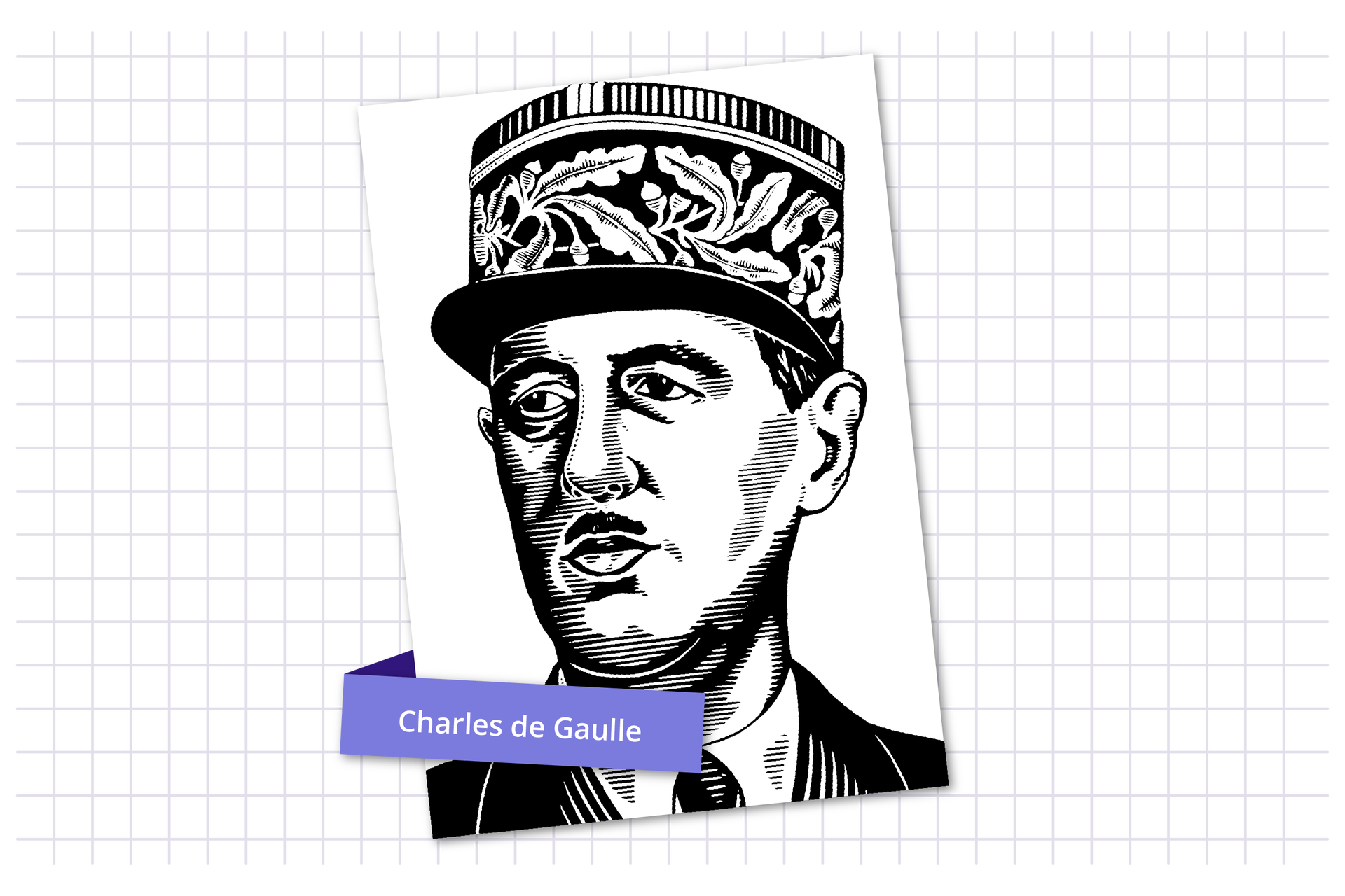Ilustracja przedstawia rysunek Charlesa de Gaullea. Podpis: Charles de Gaulle.
