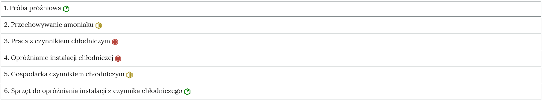 Prezentowany jest przykładowy układ zakładek zawierających interaktywne materiały sprawdzające. Obok treści widoczne są oznaczenia poziomu trudności zadań w postaci sześciokątów.