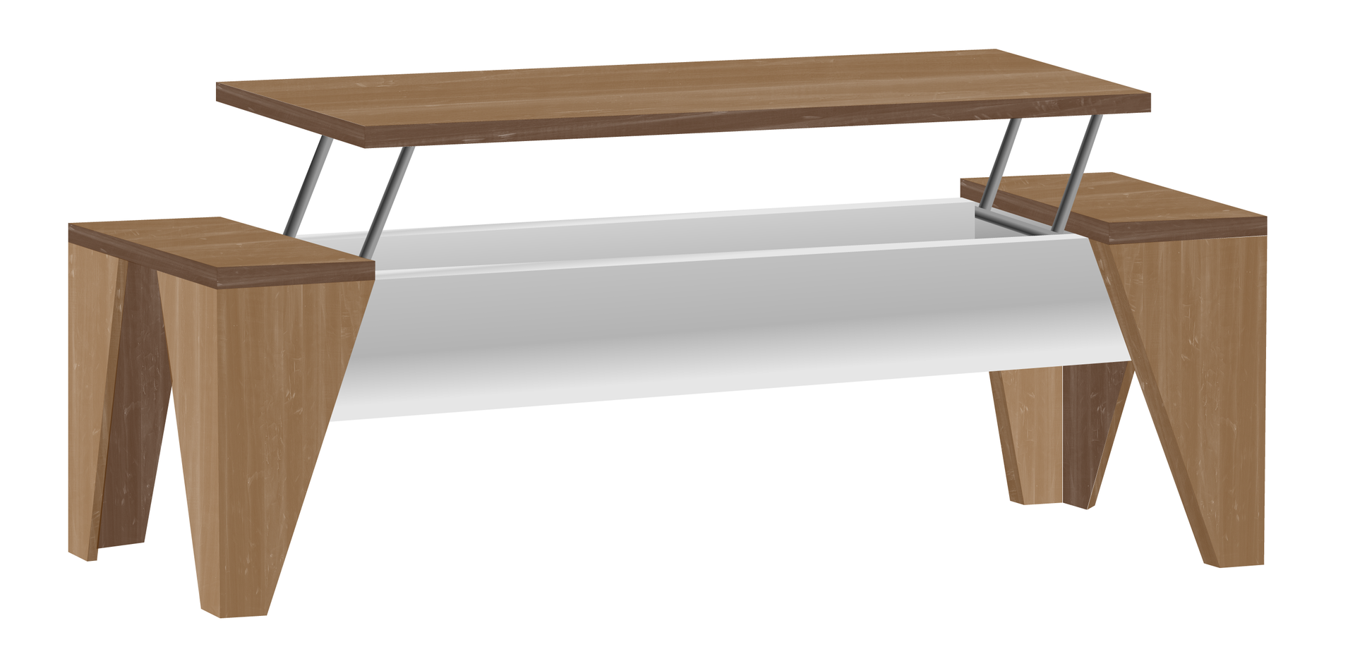 Ilustracja przedstawia drewniany stół z czterema nogami w kształcie trójkątów. Środkowa część blatu stołu jest podnoszona do góry na czterech wąskich prętach.