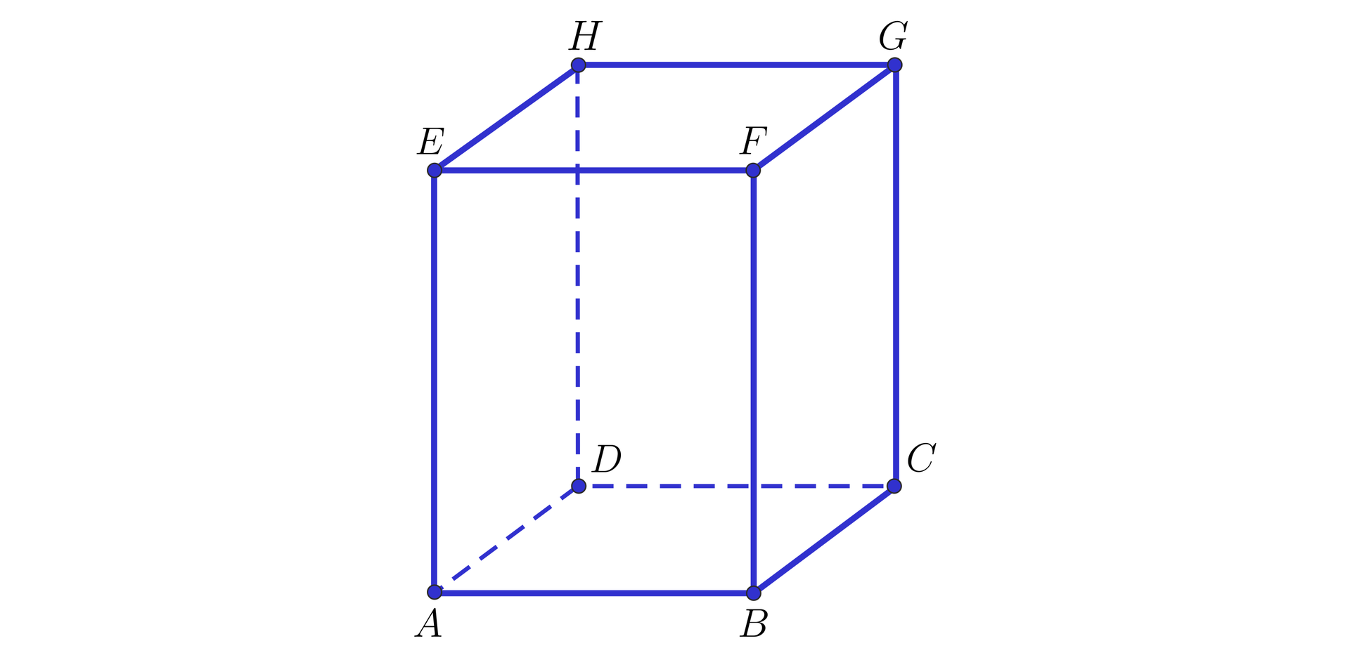 Grafika przedstawia prostopadłościan, którego wierzchołki dolnej podstawy opisano A, B, C, D, a wierzchołki górnej podstawy opisano: E, F, G, H.