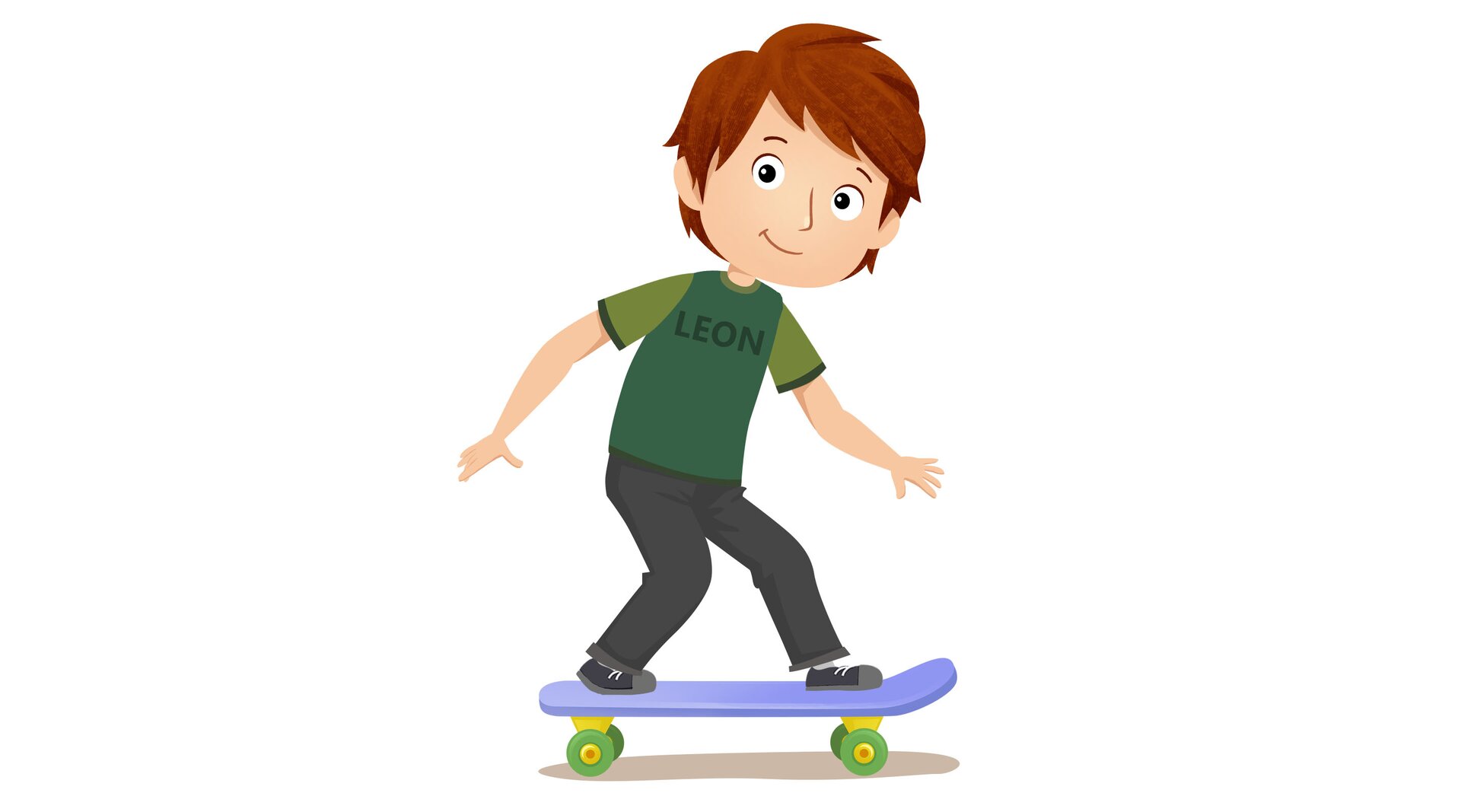 Na ilustracji znajduje się chłopiec, który jeździ na deskorolce.