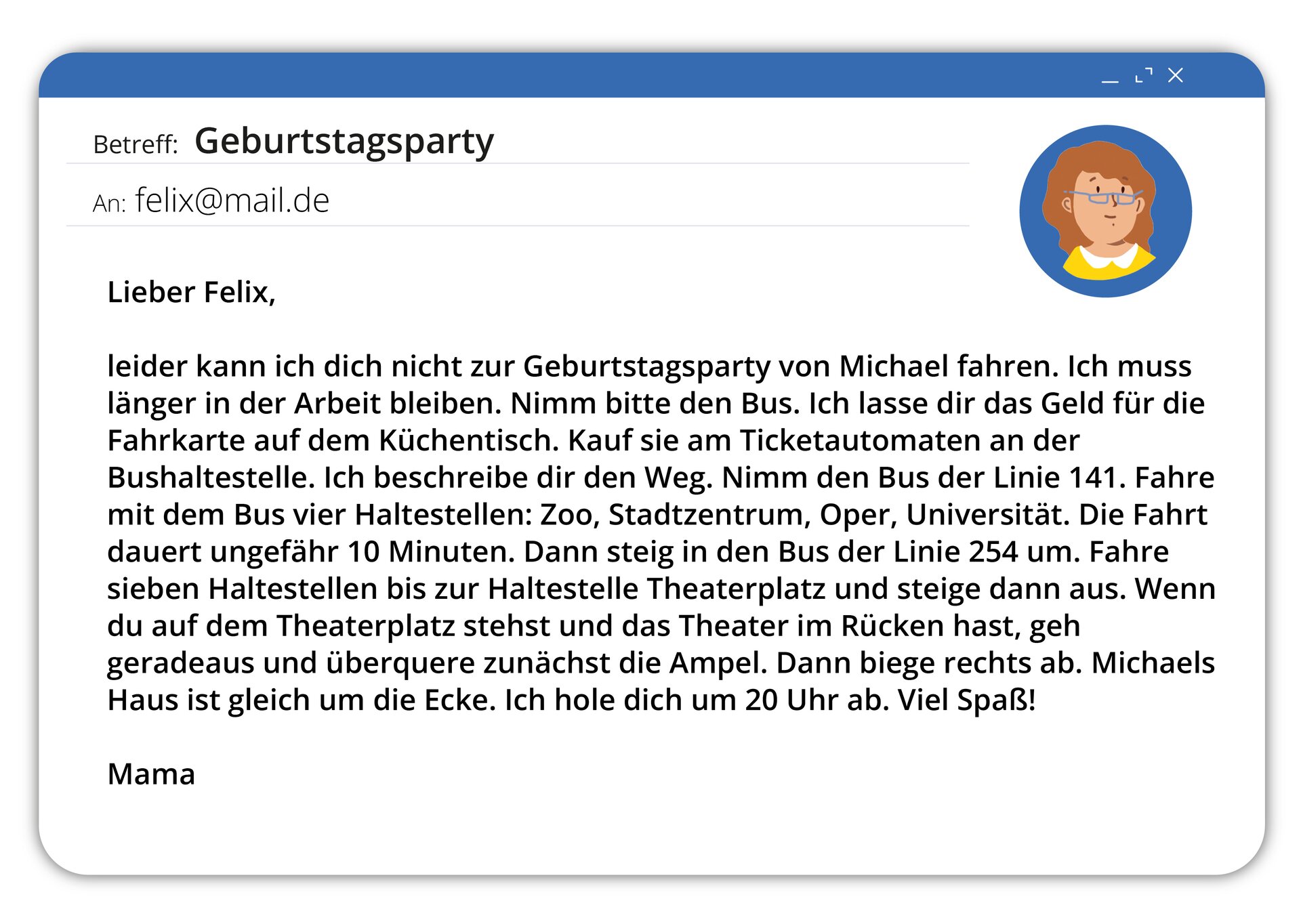 Ilustracja przedstawia wiadomość e‑mail. Transkrypcja dostępna poniżej.