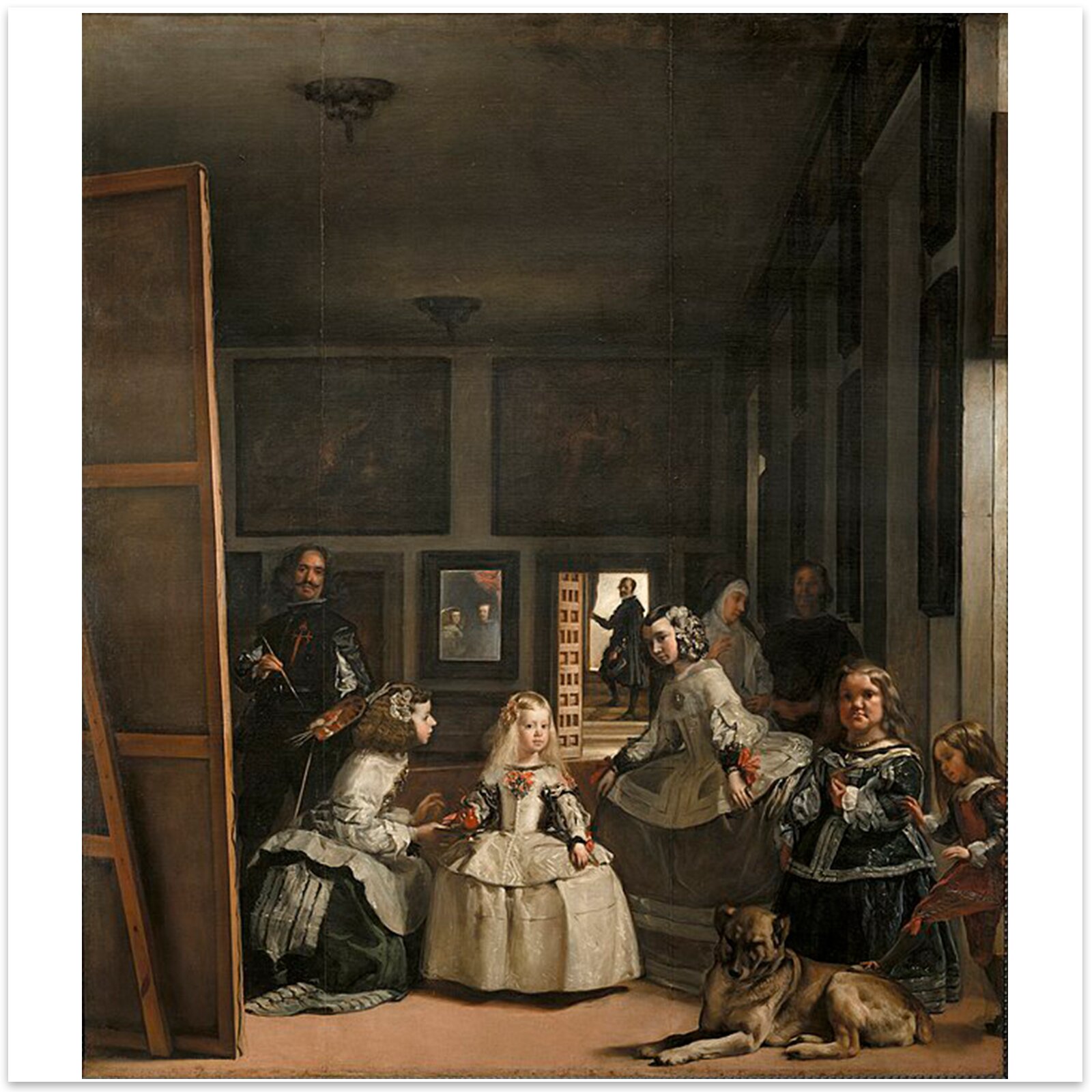 Na pierwszym planie znajduje się córka króla Małgorzata ze swoimi damami. To blondynka pośrodku kadru. Na lewo od Margarity widoczny jest Velázqueza przed swoim obrazem. Po prawej są trzy osoby i pies. W tle znajdują się jeszcze dwie osoby. W tle, w lustrze, odbija się król Filip czwarty z żoną. Obok lustra znajdują się drzwi, a w nich mężczyzna.