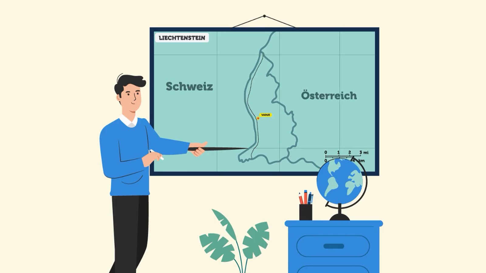  Ilustracja przedstawia mapę Liechtenstein, na którą wskaźnikiem wskazuje nauczyciel 