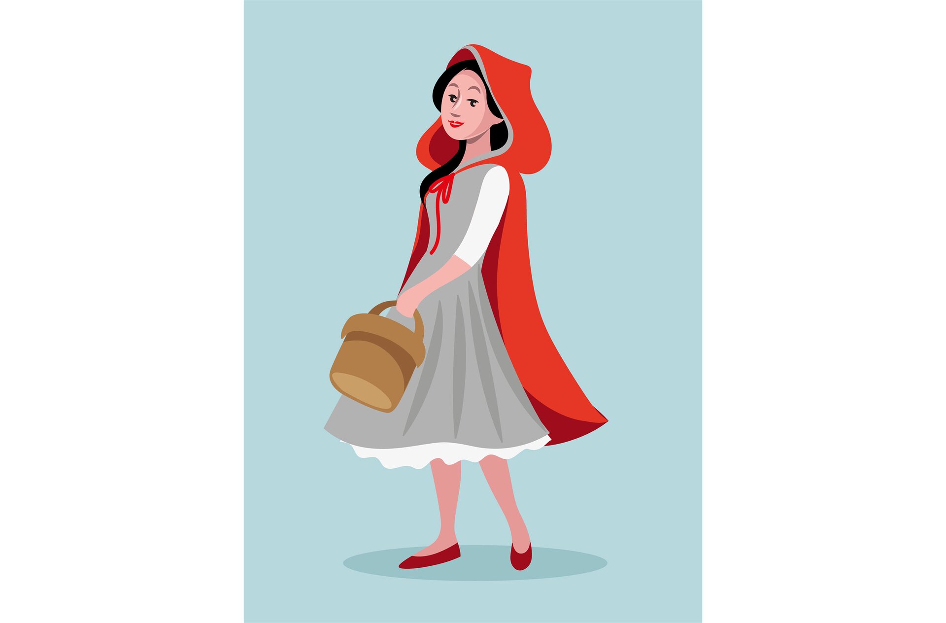 Ilustracja przedstawia Czerwonego Kapturka. Dziewczyna ma na sobie szarą sukienkę i czerwone pantofelki. Na ramionach nosi czerwoną pelerynkę z kapturem. W dłoniach trzyma koszyk. 