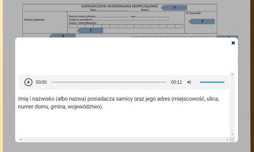 Grafika przedstawia ekran z podpowiedzią wyświetlającą się po kliknięciu na wybraną kolorową zakładkę. Tekst jest uzupełniony o kompatybilne nagranie dźwiękowe.