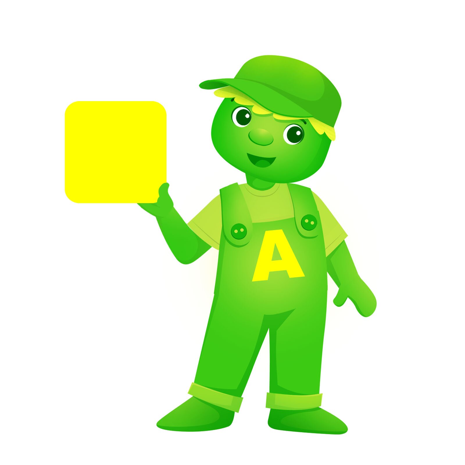 Ilustracja przedstawia ludzika o imieniu Ampel. Ubrany jest w ogrodniczki, koszulkę i czapkę z daszkiem. W ręce trzyma żółtą kartkę. 