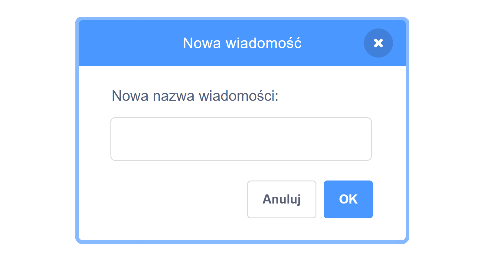 Zrzut ekranu przedstawia okno dialogowe w programie Scratch, w którym należy wpisać nazwę komunikatu. Prostokątne okno z paskiem z nazwą Nowa wiadomość na górze oraz przyciskiem do zamknięcia okna. Poniżej jest pasek do wpisania wiadomości oraz przyciski Anuluj i OK.