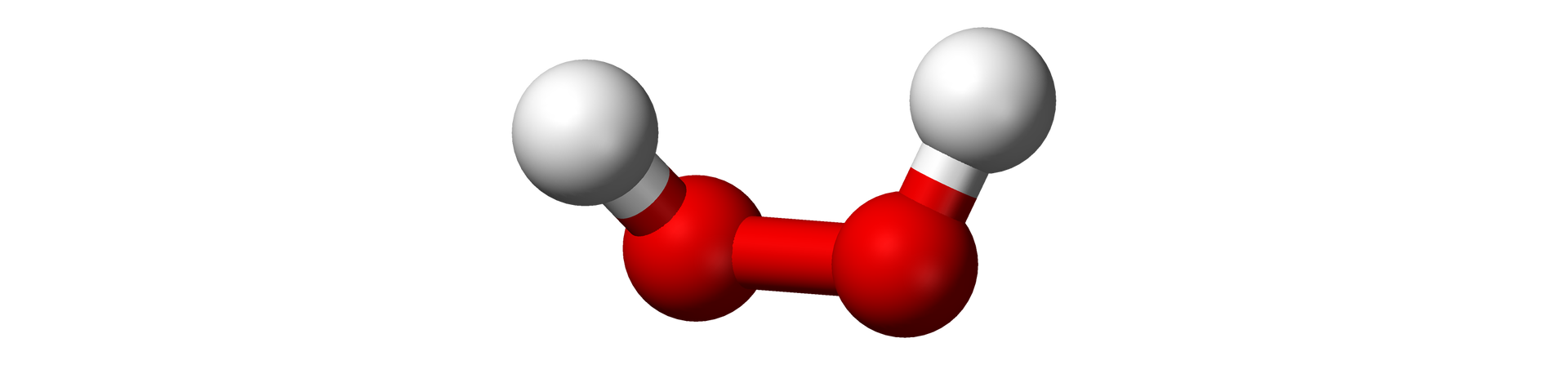 Ilustracja przedstawiająca model cząsteczki nadtlenku wodoru. Biała kulka symbolizująca atom wodoru łączy się z czerwoną kulką symbolizującą atom tlenku, ta z kolei związana jest z drugą czerwoną kulką połączoną z białą drugą białą kulką. Sumarycznie H2O2.