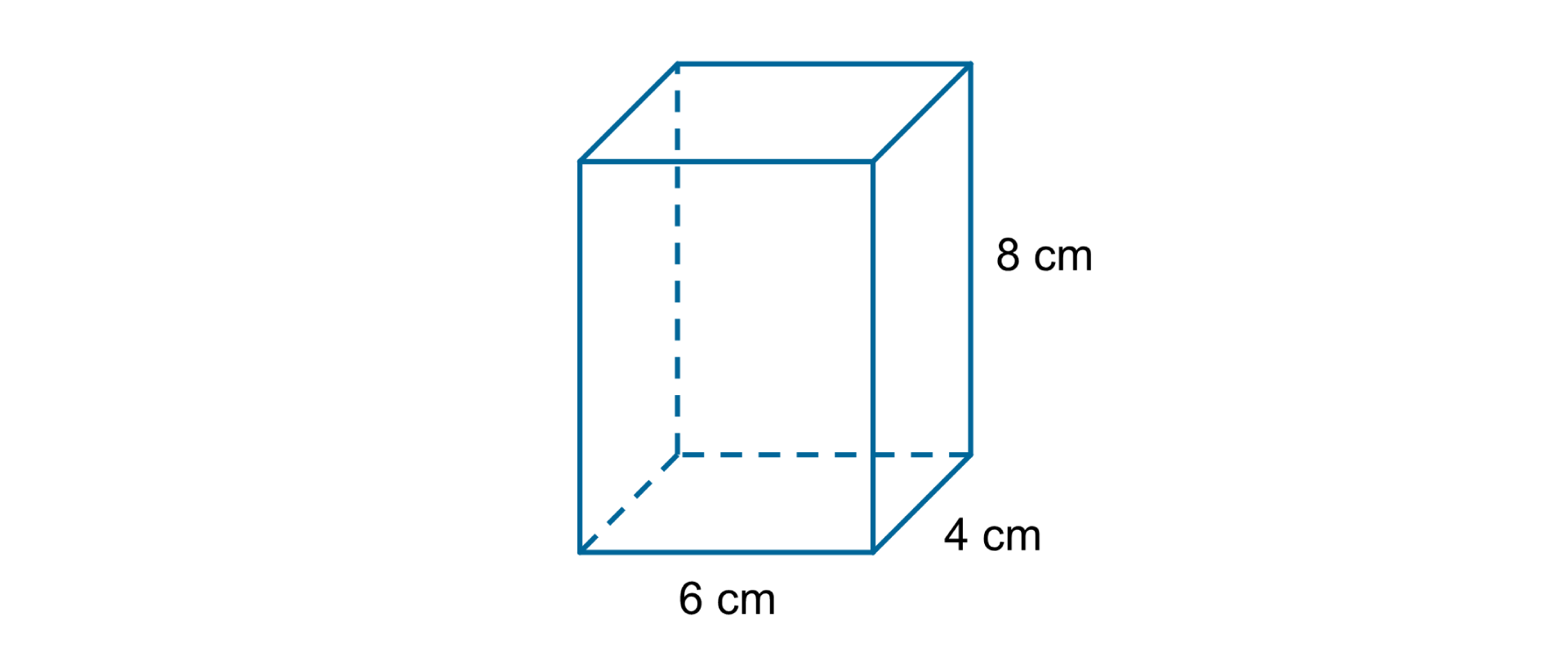 Rysunek graniastosłupa prostego czworokątnego o krawędziach podstawy równych 4 cm i 6 cm. Krawędź boczna równa 8 cm.