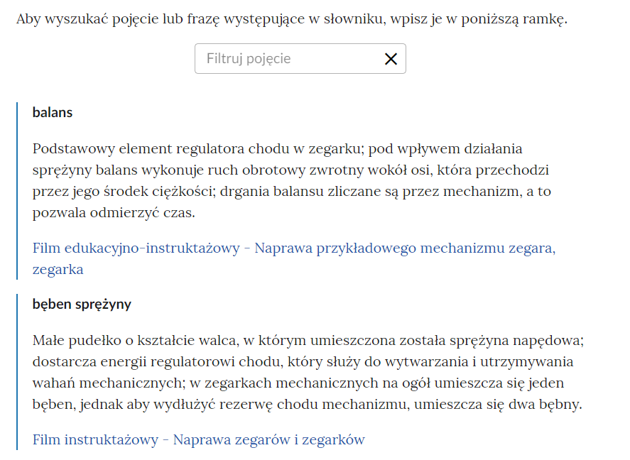 Widok na górną część słownika z polem do filtrowania haseł słownika