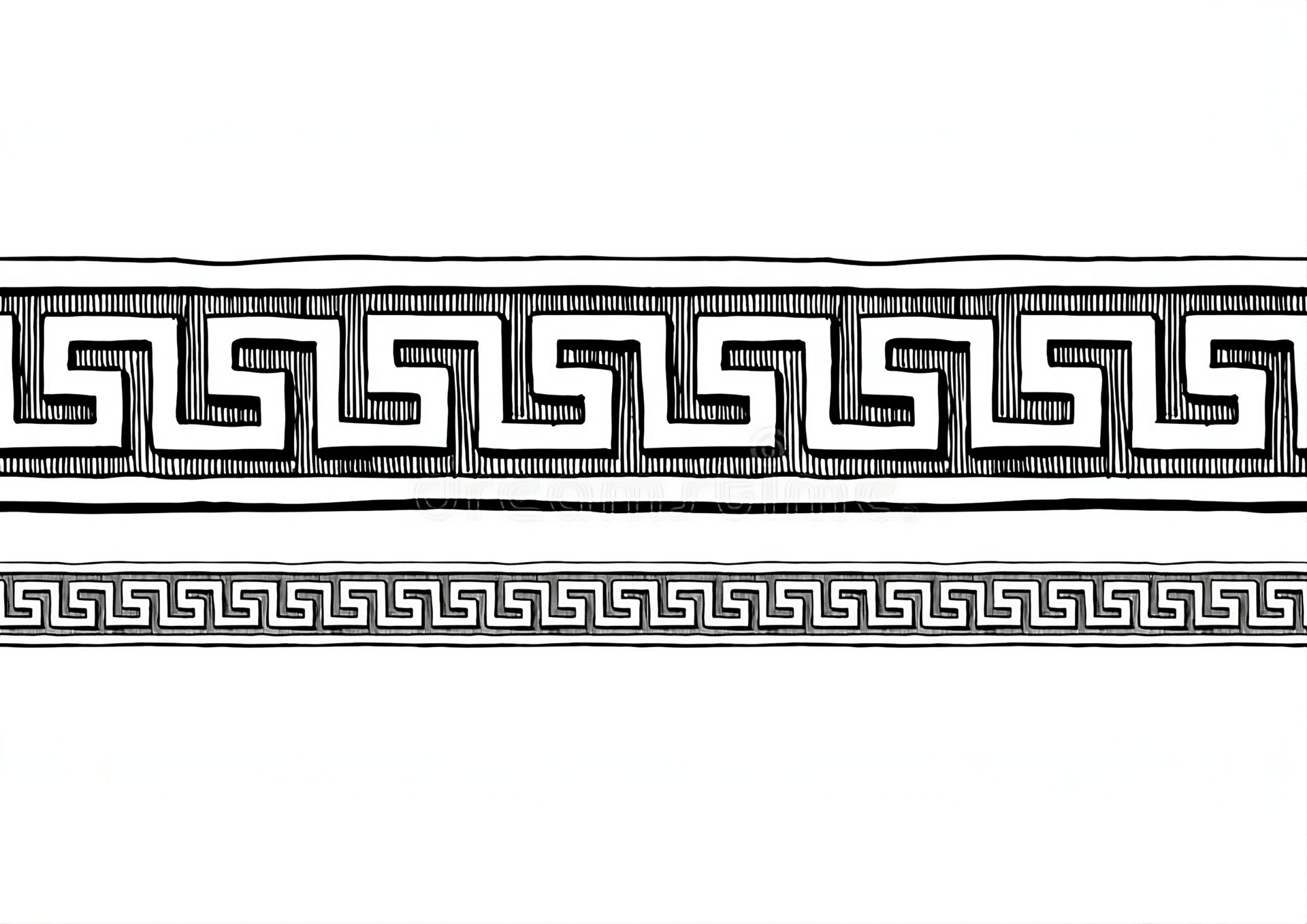 Ilustracja przedstawia element dekoracyjny, który składa się z dwóch pasków ułożonych poziomo. U góry znajduje się szerszy pasek, który na brzegach ma cienkie białe paski, a pomiędzy nimi - wzory geometryczne, stworzone z białego paska, załamującego się pod kątem prostym. Pod spodem znajduje się drugi, taki sam pasek, tylko w mniejszej skali.