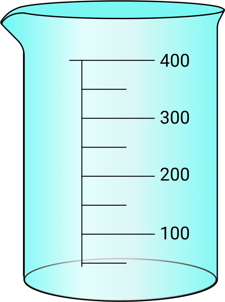 Ilustracja przedstawia zlewkę o kształcie szerokiego walca z dzióbkiem. Na ścianie zlewki widoczna jest miarka od 100 do 400 ml. 