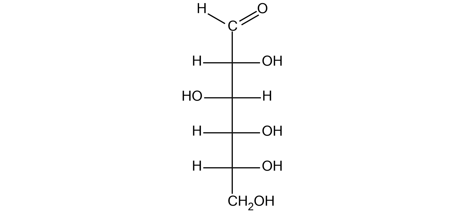 Na ilustracji jest wzór - to pionowy łańcuch. Tworzy go pięć pojedynczych atomów węgla. Pierwszy atom węgla, licząc od góry, łączy się wiązaniem podwójnym z atomem tlenu i wiązaniem pojedynczym z atomem wodoru. Drugi atom węgla łączy się po lewej stronie z H, po prawej z grupą OH. Trzeci atom węgla łączy się po lewej stronie z HO, a po prawej z H. Atomy węgla liczone od góry wzoru czwarty i piąty łączą się po lewej stronie z H, a po prawej stronie z OH. Piąty atom węgla łączy się na dole z                 C       H                 2                O     H    . 