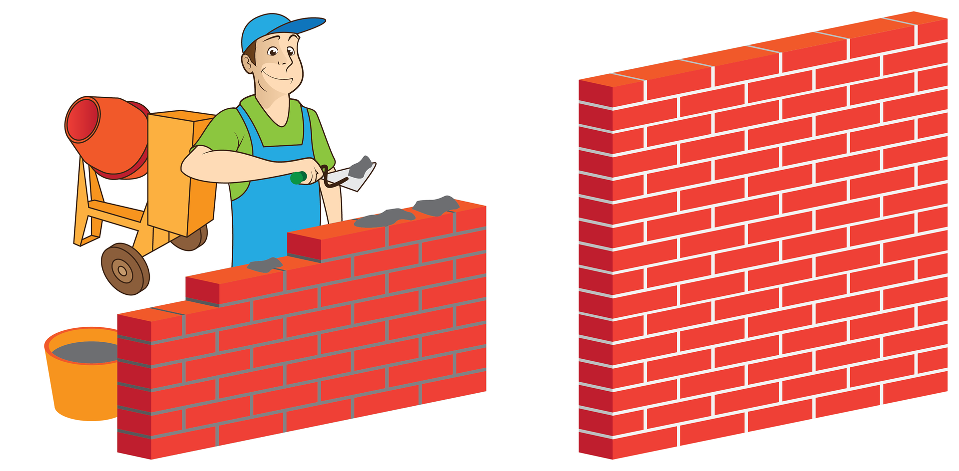 Ilustracja składa się z dwóch sąsiadujących rysunków. Rysunek po lewej stronie przedstawia robotnika stawiającego mur z cegieł i narzucającego zaprawę na kolejne cegły. Obok robotnika stoi wiadro z zaprawą, a nieco dalej za nim pomarańczowa betoniarka. Na rysunku po prawej stronie gotowa ściana z cegieł i zaschniętej, białej już zaprawy.
