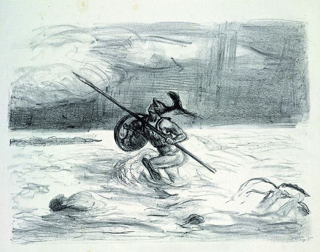 Na ilustracji widoczna jest postać uzbrojonego wojownika w szkicowo nakreślonym krajobrazie wodnym. Trzyma on długą włócznię oraz okrągłą tarczę, stojąc kolanami w wodzie. Sylwetka sugeruje dynamiczny ruch – brodzenie lub marsz przez wodę, z falami rozpryskującymi się wokół. W tle rozciąga się horyzont nad nieruchomą taflą wody. 