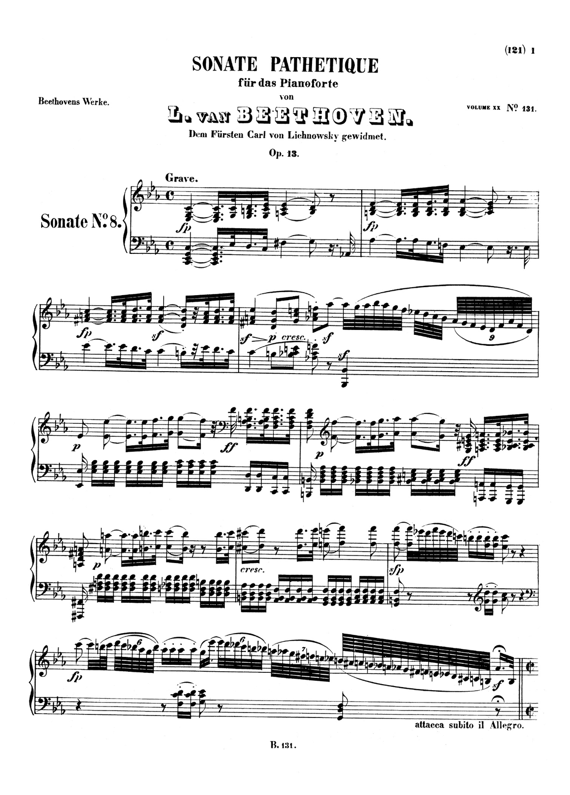 Zdjęcie przedstawia graficzny utwór muzyczny. Fotografia ukazuje czarną pięciolinię z nutami, na białej stronie utworu Ludwig van Beethoven – „Sonata fortepianowa c‑moll” op. 13 „Patetyczna”, cz. III.