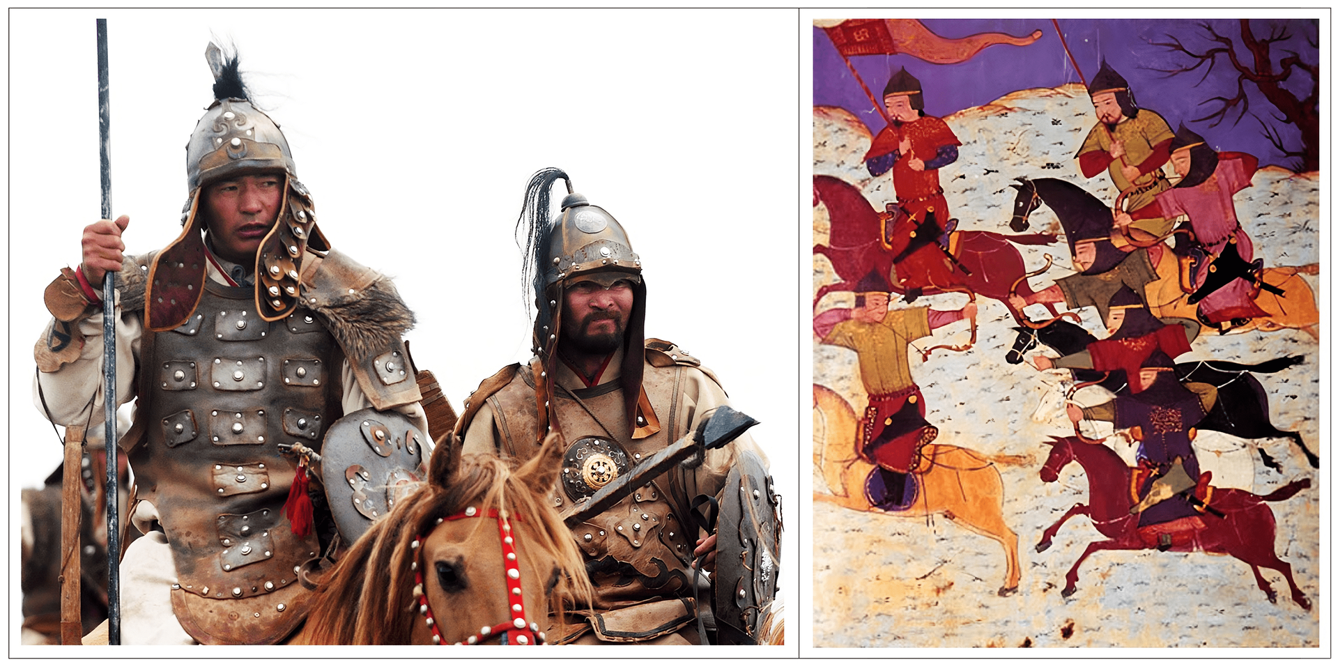 Kliknij, aby powiększyć Ilustracja przedstawia zdjęcie oraz ilustrację mongolskich jeźdźców. Z lewej strony jest zdjęcie przedstawiające sylwetki dwóch jeźdźców mongolskich. Ubrani są w wojłokowe kubraki, na których mają skórzane napierśniki z metalowymi ćwiekami. Ramiona ich pokrywają skórzane i futrzane naramienniki. Na głowach mają futrzane czapki z nausznikami, pokryte skórą i metalowymi ćwiekami. Wystają z nich na czubku głowy pęki końskiego włosia. W lewych dłoniach mają skórzane tarcze, zaś w prawych dzierżą piki. Po prawej stronie jest fragment ilustracji z irańskiego rękopisu przedstawiający oddział mongolskiej lekkiej kawalerii w trakcie ataku. Na pierwszym planie widoczni są dwaj łucznicy, z których jeden strzela do tyłu. Na dalszym planie są kolejni łucznicy. Widoczny jest jeździec z chorągwią i jeździec z długą piką. Jezdni posiadają przytroczone do siodła niewielkie miecze.