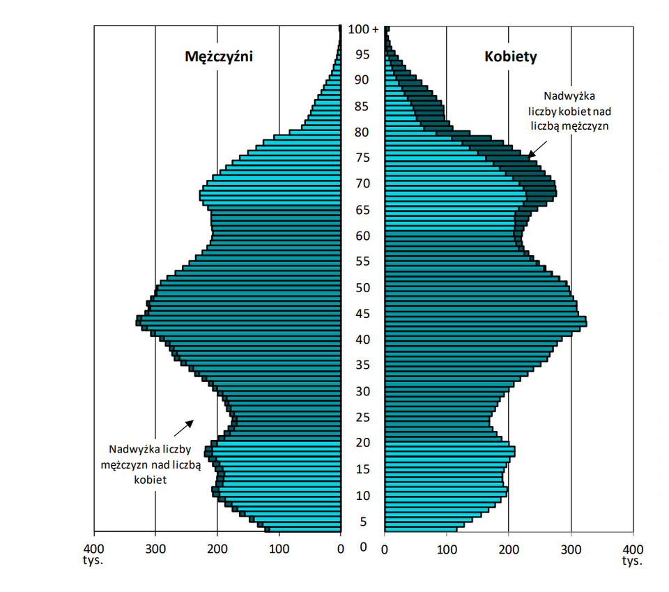 Wykres w formie piramidy wieku przedstawiający liczebność ludności Polski według wieku i płci. Oś pionowa pokazuje wiek w latach od 0 do 100 i więcej, a oś pozioma liczebność w tysiącach osób. Po lewej stronie znajdują się poziome słupki dla mężczyzn, po prawej identyczne słupki dla kobiet. Dla najmłodszych roczników (0–20 lat) słupki są zbliżone długością, w wieku produkcyjnym (20–60 lat) widoczna jest niewielka przewaga liczby mężczyzn w części wieku, natomiast w starszych grupach (powyżej 60–65 lat) wyraźnie dominują kobiety, co zaznaczono opisem „nadwyżka liczby kobiet nad liczbą mężczyzn”; przy wieku około 20 lat oznaczono natomiast „nadwyżkę liczby mężczyzn nad liczbą kobiet”.