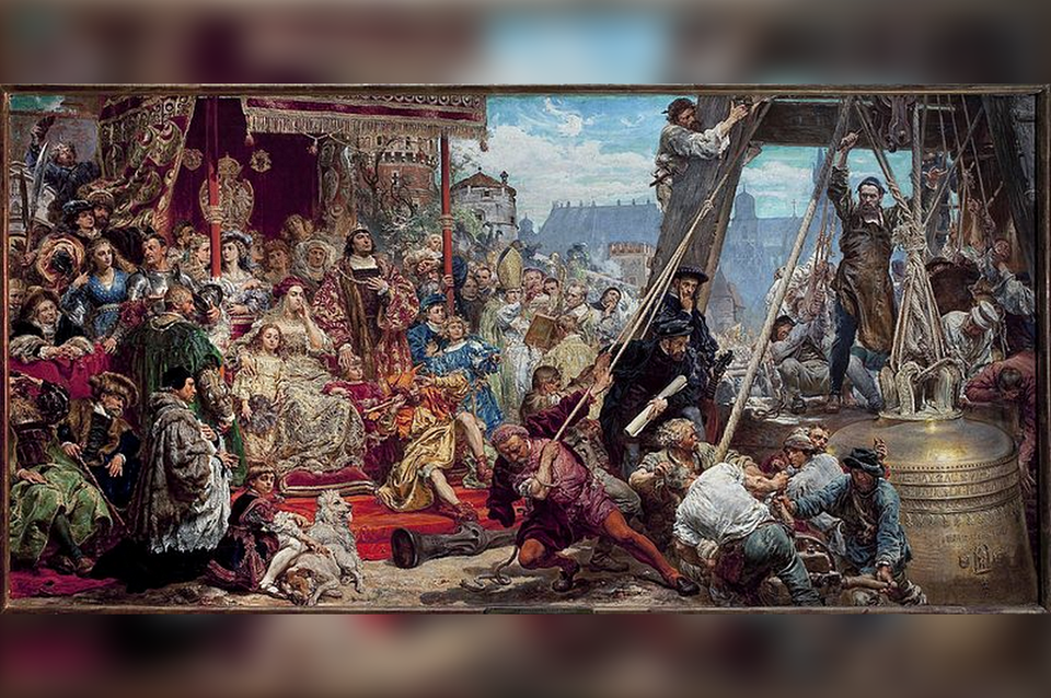 Obraz przedstawia scenę zawieszenia dzwonu Zygmunta na wieży katedry wawelskiej w Krakowie. Po lewej stronie znajduje się tłum dostojników dworskich, duchownych i członków rodziny królewskiej – w centralnym punkcie siedzi król Zygmunt I Stary wraz z królową Boną. W tle widoczni są muzycy i damy dworu. Prawa strona kompozycji ukazuje intensywną pracę rzemieślników i robotników, którzy przy pomocy lin i drewnianej konstrukcji wciągają ogromny dzwon na dzwonnicę. 