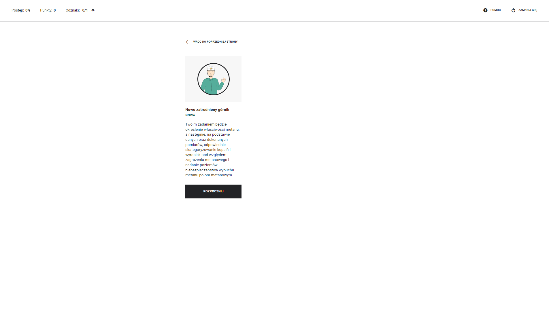 Ilustracja przedstawia ekran wyboru roli. Pod zdjęciem prezentującym rolę i jej opisem znajduje się przycisk Rozpocznij.