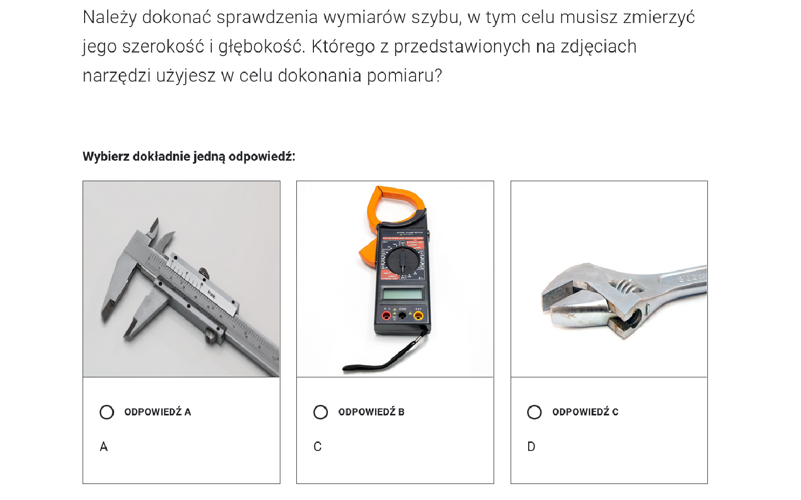 Ilustracja przedstawia przykładowe pytanie gry edukacyjnej. Na górze znajduje się pytania, poniżej kilka odpowiedzi do wyboru, w formie grafik.