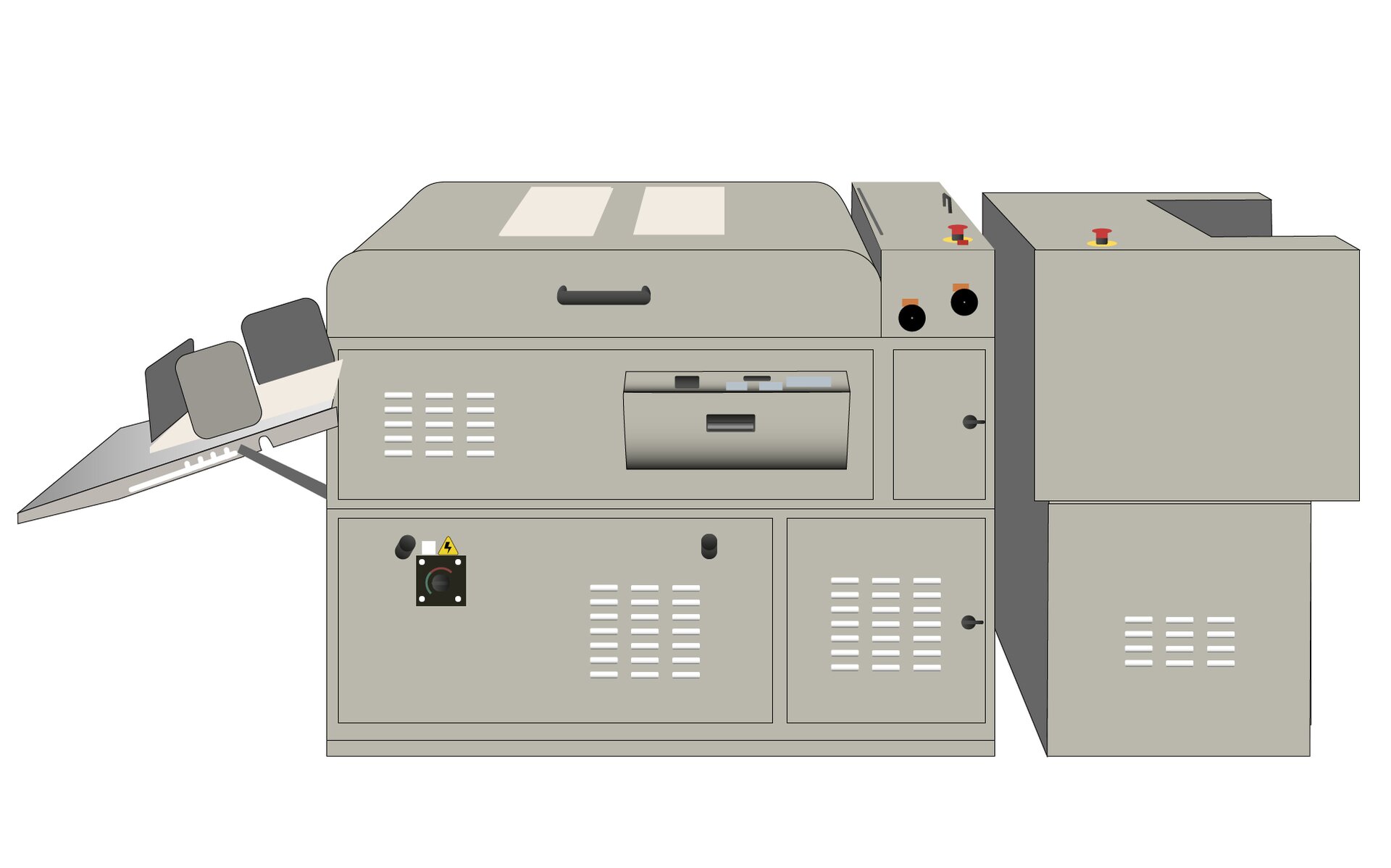 Grafika przedstawia lakierówkę. Urządzenie składa się z dwóch części. Lewy, większy fragment maszyny kształtem przypomina sześcian. Z lewego boku urządzenia odstaje uchylona do góry półka urządzenia oparta na metalowym wsporniku. Od frontu jest zamontowane czworo drzwiczek zamykanych na kluczyk z otworami wentylacyjnymi. Dwoje drzwiczek na dole, dwoje na górze. W lewych dolnych drzwiczkach zamontowany regulator temperatury oraz ponad nim znaczek ostrzegawczy “Uwaga urządzenie pod napięciem”. Drzwiczki powyżej posiadają uchylne do dołu otwór uzupełniający. Powyżej przymocowany do górnej części urządzenia uchwyt. Prawa część urządzenia jest mniejsza od lewej. Jej podstawa wykonana jest na kształt prostopadłościanu. Frontowa ścianka podstawy wyposażona w otwory wentylacyjne. Górna część urządzenia jest nieznacznie większa od podstawy. Od prawej strony wycięcie do odbioru gotowego produktu. Na górnej płaszczyźnie przycisk bezpieczeństwa koloru czerwonego.
