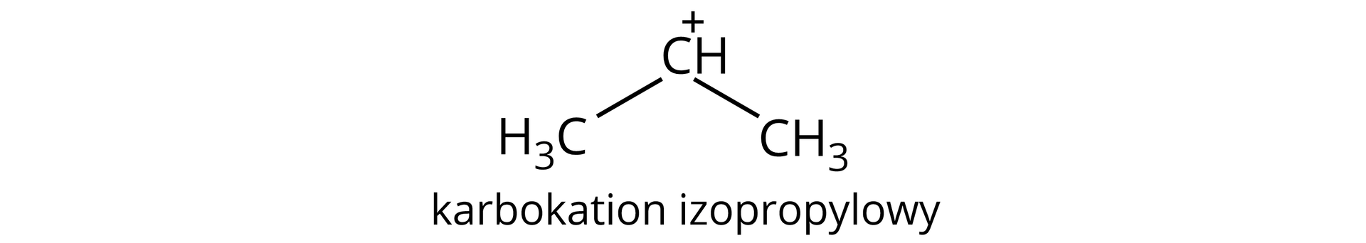 Na ilustracji jest karbokation izopropylowy, 2-propylowy, o strukturze grupa CH obdarzona cząstkowym ładunkiem dodatnim związana z dwiema grupami CH3.