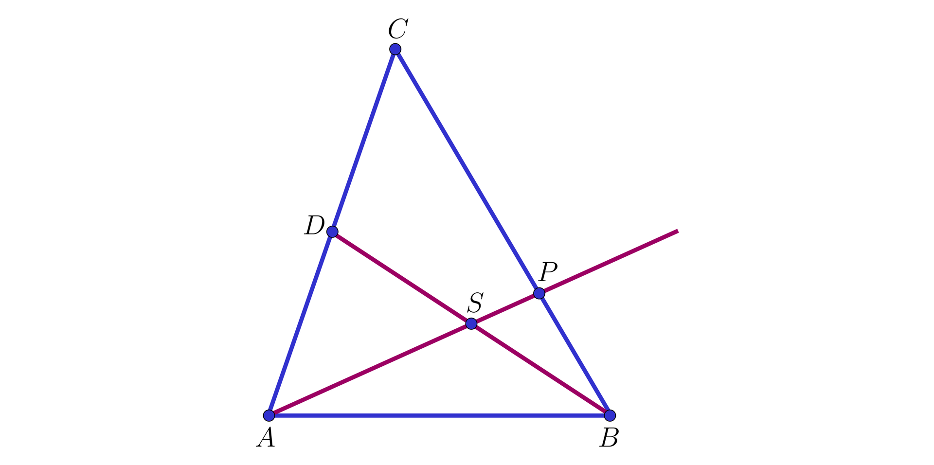 Na ilustracji przedstawiono trójkąt ABC. Na boku AC zaznaczono punkt D. Zaznaczono odcinek łączący wierzchołek B z punktem D. Z wierzchołka A poprowadzono półprostą przecinającą odcinek BD w punkcie S, oraz bok BC w punkcie P.