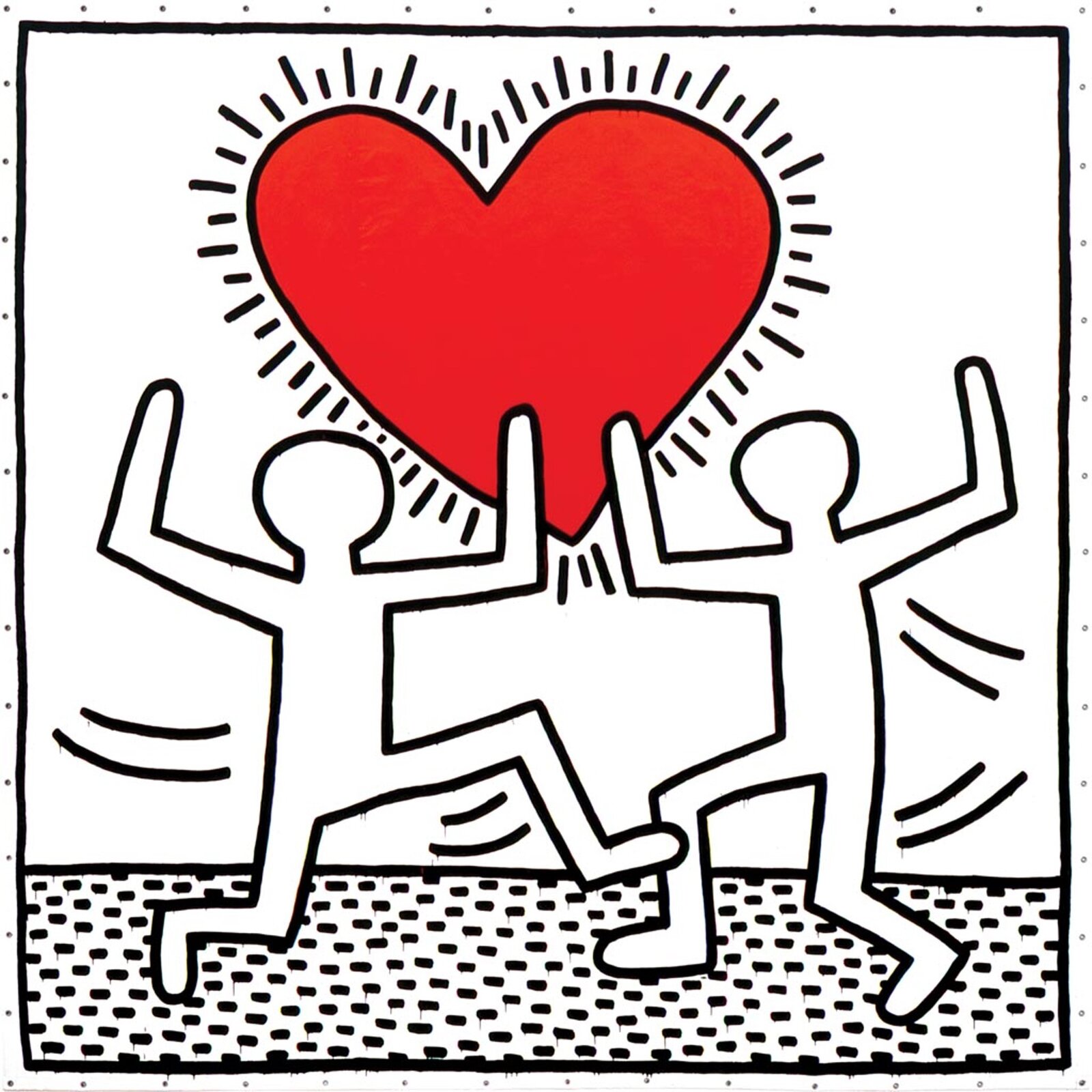 Keith Haring, Bez tytułu Dzieło, przedstawione w czarnej ramce wokół której umieszczono czarne kropki białym tle. Wewnątrz ramki znajdują się dwie postacie oraz serce. Postacie ukazano na podłożu składającym się z grubych i krótkich czarnych linii umieszczonych w podobnych odstępach. Zdają się one być w ruchu, o czym świadczą uniesione ręce, zgięte w kolanach nogi oraz czarne linie umieszczone obok nich. Postacie są białe, z czarnymi konturami, pozbawione detali. Nad nimi znajduje się duże, czerwone serce, które zostało wypełnione płaskim kolorem z czarnym obramowaniem. Wzdłuż jego krawędzi ukazano odchodzące od serca czarne kreski.