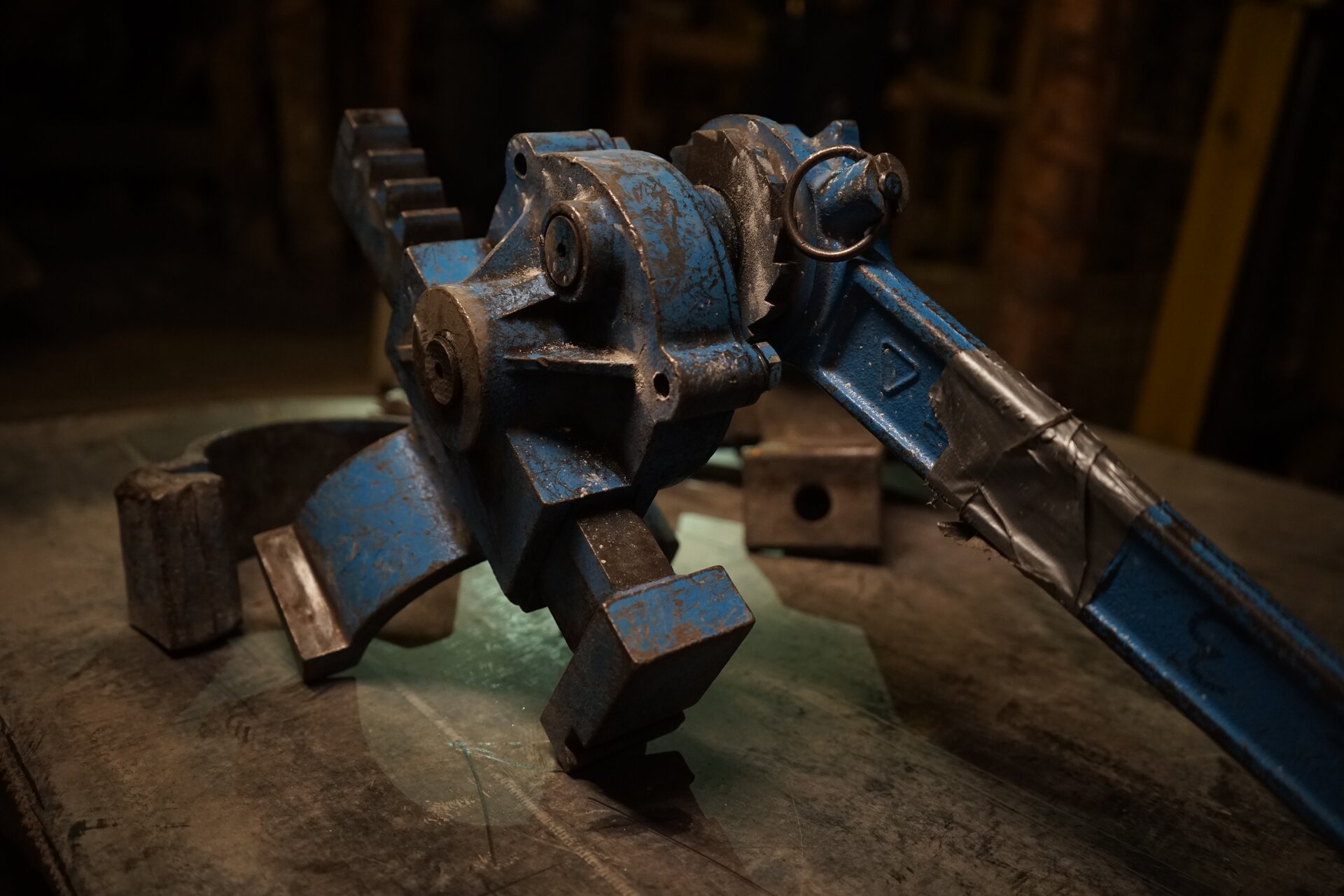 Na zdjęciu widać podciągarkę zębatkową. Centralnym elementem podciągarki jest zębatka. Z lewej strony zębatki widoczna jest niebieska obudowa. Przez obudowę przechodzi prostopadłościan z zębami. Po prawej stronie zębatki znajduje się długa niebieska rączka.Podciągarka leży na stole