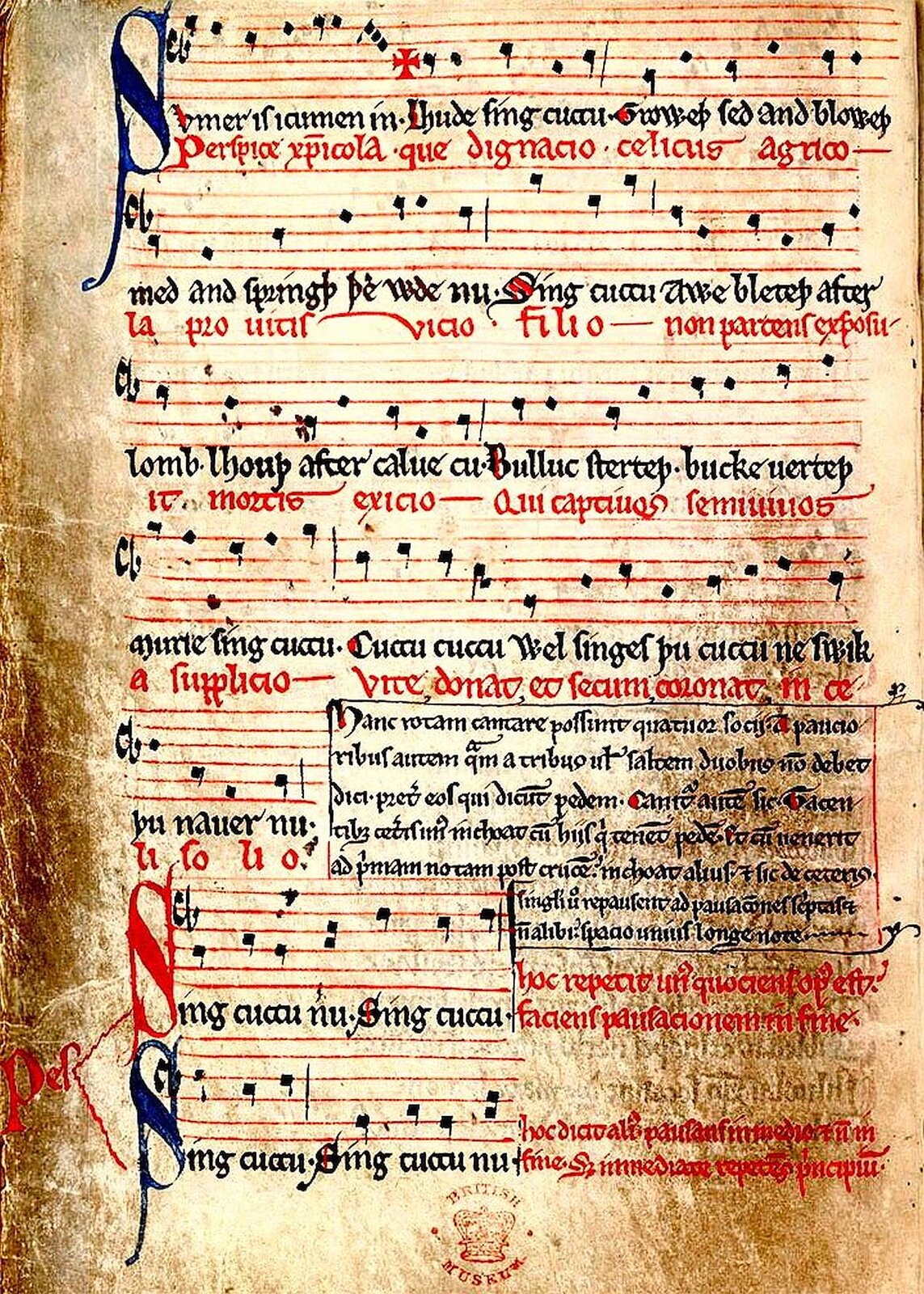 Ilustracja interaktywna przedstawia historyczny rękopis średniowiecznego kanonu „Sumer is icumen in” pochodzący z II połowy XIII wieku. Nuty w kształcie rombów umieszczone są na siedmiu sześcioliniach. Kilkukrotnie pojawiają się w nutach ozdobne litery. Pod nutami ozdobną czcionką napisany jest tekst pieśni.