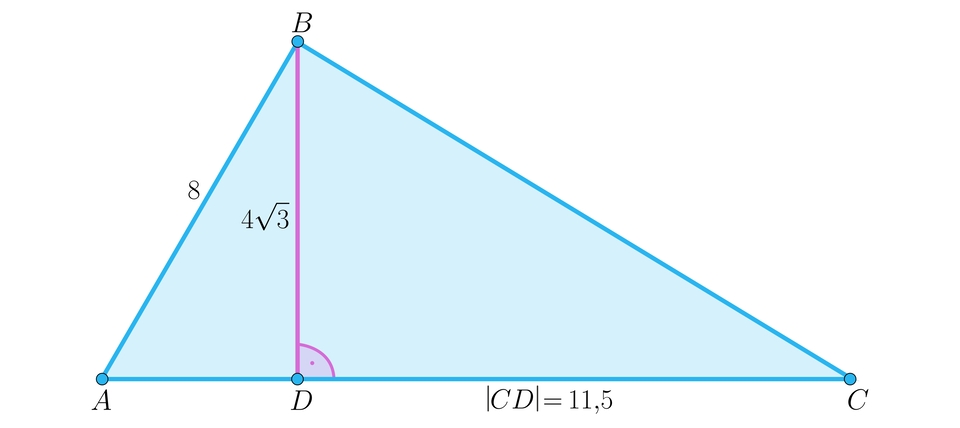 Ilustracja przedstawia trójkąt A B C. Z wierzchołka B upuszczono wysokość trójkąta B D o długości cztery pierwiastki z trzech. Odcinek A B ma długość osiem, natomiast odcinek C D ma długość jedenaście przecinek pięć. 