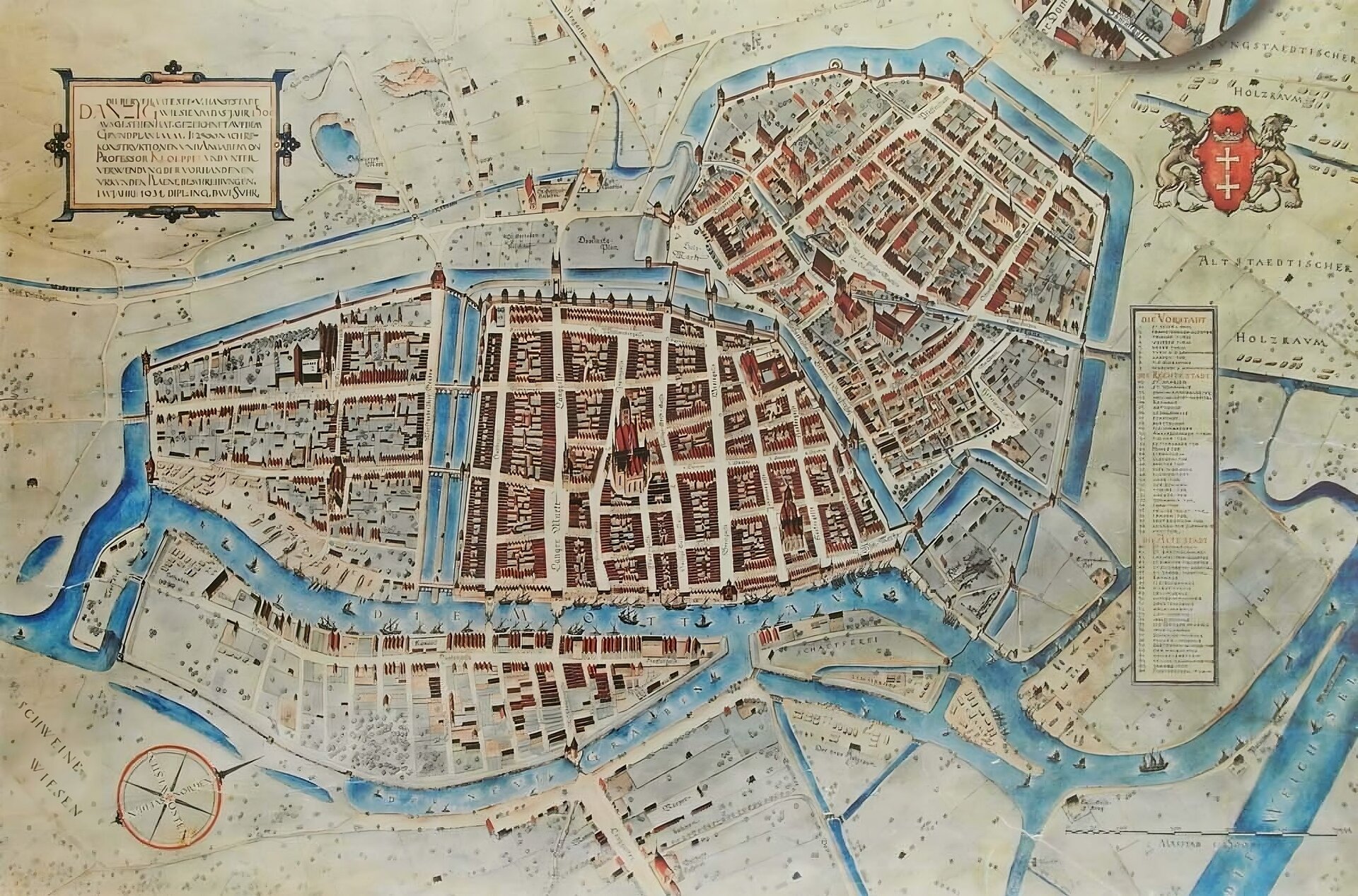 Ilustracja przedstawia plan nowożytnego Gdańska. Miasto, otoczone kanałami portowymi rzeki Motławy i fosą miejską. W centralnej części zabudowa Prawego (Głównego) Miasta Gdańska, podzielona parcelami przez prostopadle i równolegle ulice ułożone w siatkę. Oś stanowi ulica prowadząca od bram od strony zachodniej (u góry) do strony wschodniej (u dołu). W centrum wyraźnie zarysowana schematycznie świątynia - Kościół Mariacki. Każda z części miasta jest oddzielona murami miejskimi od linii kanałów, fos i dopływów do kanału portowego. Przez fosę do poszczególnych części miasta prowadzą groble lub mosty. Stare Miasto znajduje się po prawej stronie na ilustracji, również jest to siatka ulic dzieląca budynki na parcele. Widoczne są także ogrody miejskie, znajdujące się w dolnej części ilustracji, podzielone w formie podłużnych parcel. Przez kanał portowy, znajdujący się w centrum planu poniżej linii zabudowy miejskiej, płyną schematycznie narysowane statki z żaglami. U dołu ilustracji Wyspa Spichrzów, z regularną pierzeją magazynów zbożowych w linii kanału portowego. Tytulatura planu w górnym lewym rogu ilustracji, legenda z herbem miasta po prawej stronie. 