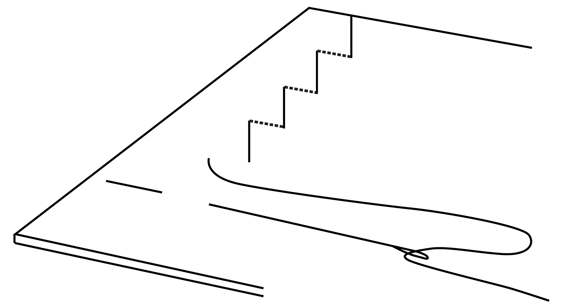 Grafika przedstawia ścieg pikowy. Jest on przedstawiony w postaci załamującej się w kąty proste nitki, ale co druga linia jest namalowana w postaci linii przerywanej.