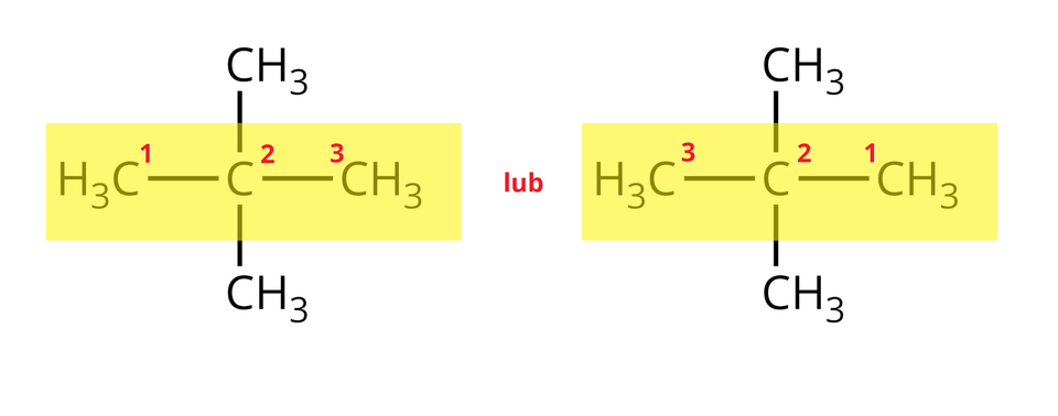 Na ilustracji ukazano zestawienie trzech wzorów półstrukturalnych. Pierwszy wzór od lewej składa się z ułożonych obok siebie w poziomie i połączonych wiązaniami pojedynczymi grup, kolejno: C H indeks dolny, trzy, koniec indeksu dolnego, trzech grup C H indeks dolny, dwa, koniec indeksu dolnego oraz grupy C H indeks dolny, trzy, koniec indeksu dolnego. Drugi wzór składa się z umieszczonego w centrum atomu węgla C, od którego odchodzą cztery wiązania pojedyncze do czterech grup C H indeks dolny, trzy, koniec indeksu dolnego. Trzeci wzór składa się z grupy C H indeks dolny, trzy, koniec indeksu dolnego, od której odchodzi wiązanie pojedyncze w prawo do grupy C H. Od niej odchodzą dwa wiązania pojedyncze: w dół do grupy C H indeks dolny, trzy, koniec indeksu dolnego i w prawo do grupy C H indeks dolny, dwa, koniec indeksu dolnego. Ta grupa łączy się wiązaniem pojedynczym w prawo z grupą C H indeks dolny, trzy, koniec indeksu dolnego.