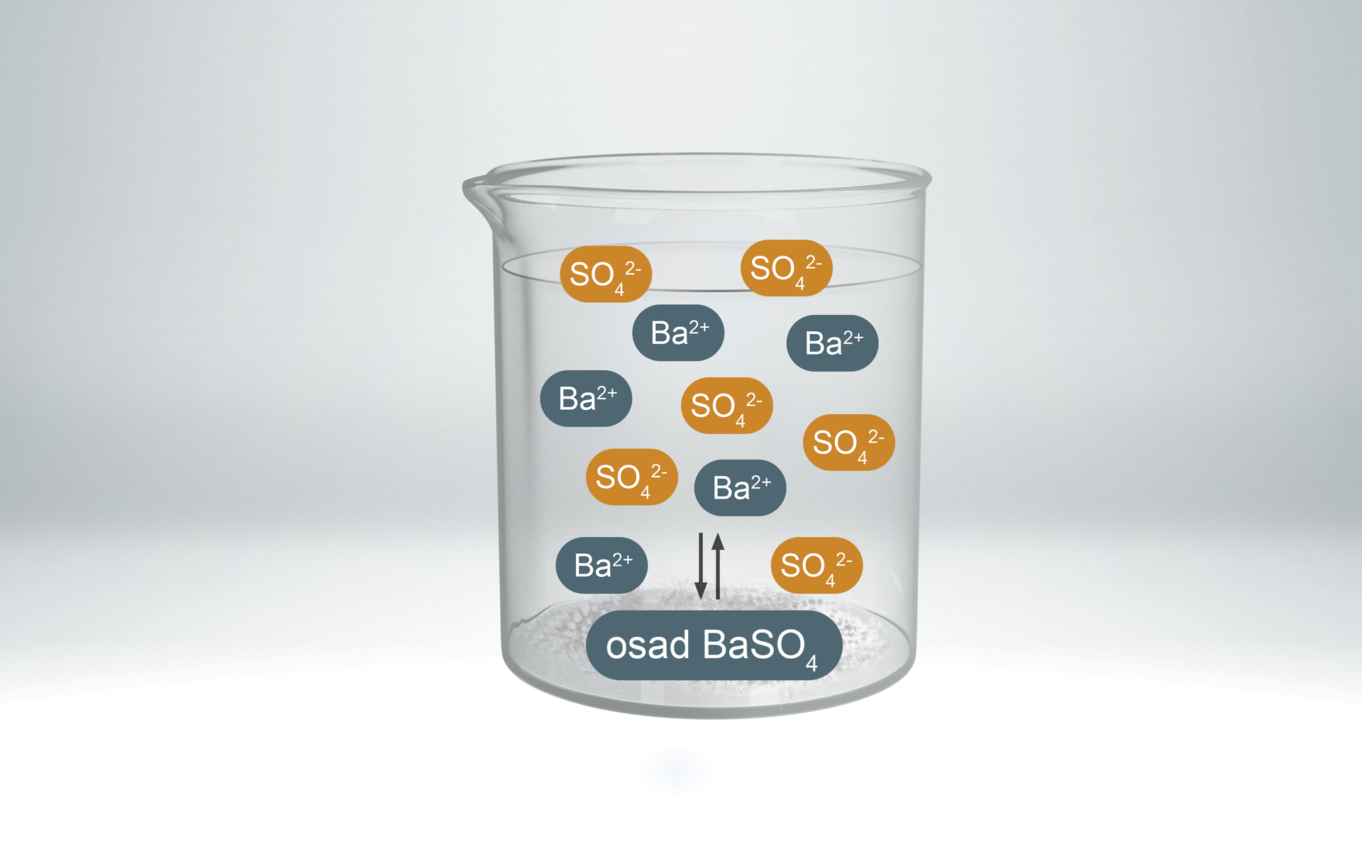 Ilustracja przedstawia zlewkę, w której jest roztwór, a na dnie znajduje się osad BaSO4. W roztworze nad osadem znajdują się liczne jony Ba2+ oraz towarzyszące im SO42−.