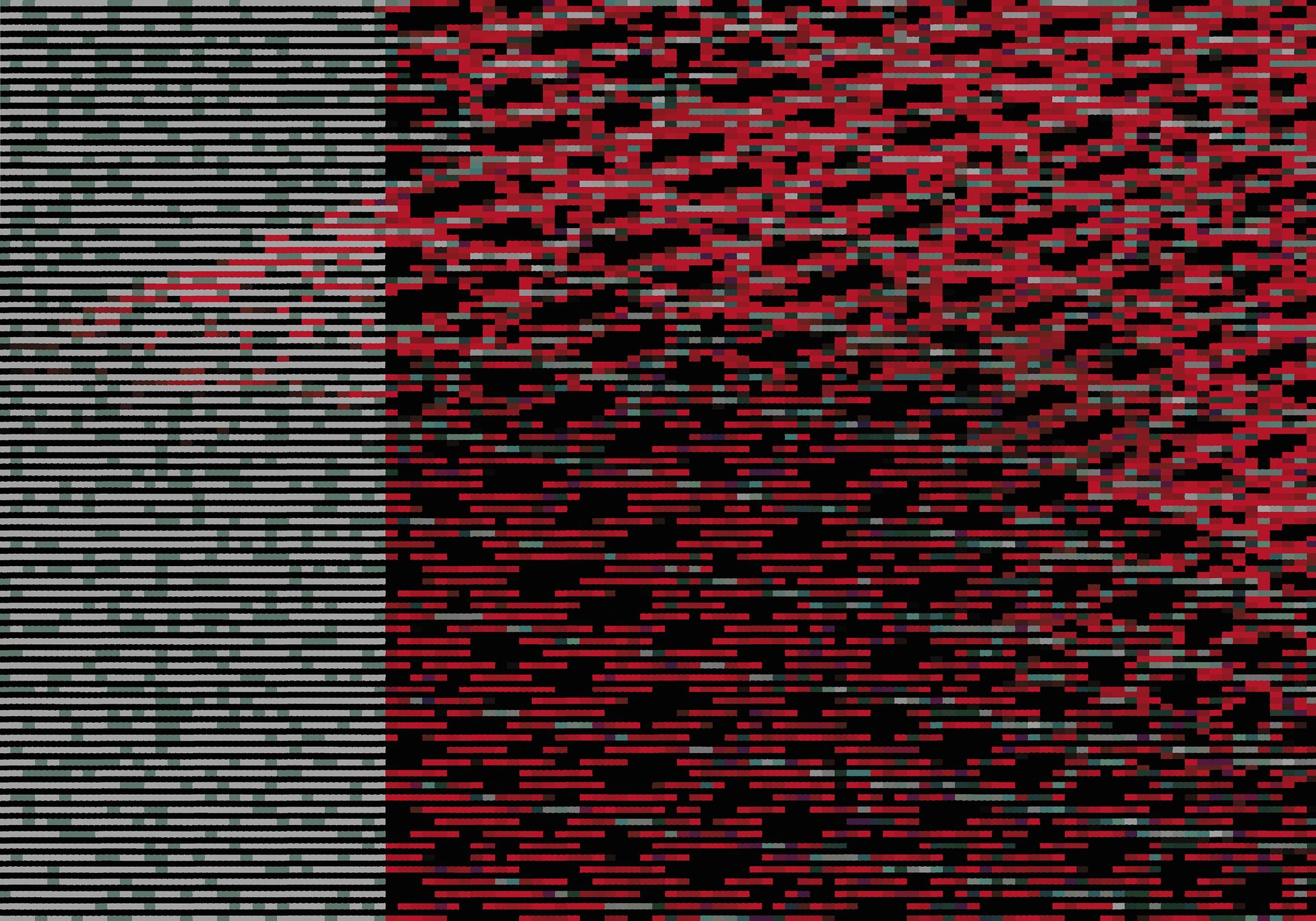 Abstrakcyjna kompozycja składa się z przerywanych, poziomych linii na czarnym tle. Praca podzielona jest na dwie części. Większa, kwadratowa przestrzeń po prawej stronie zapełniona jest kreskami w kolorach chłodnej czerwieni, spomiędzy których wyłaniają się czarne plamki tła. Na tak stworzony deseń zostały nałożone drobne, pojedyncze, zielone linie, które tworzą skośne smugi, przebiegające przez całą przestrzeń prawej strony obrazu. Lewy, wąski pas kompozycji, równomiernie zapełniają zielono‑szare linie, tworząc płaską, jasną płaszczyznę. Górną część obrazu wypełniają dodatkowe czerwone kreski, które łukiem wdzierają się w jednolitą przestrzeń lewej strony. Wykonany przy pomocy techniki druku cyfrowego obraz, utrzymany jest w ciemnej, chłodnej tonacji z dominantą czerwieni.